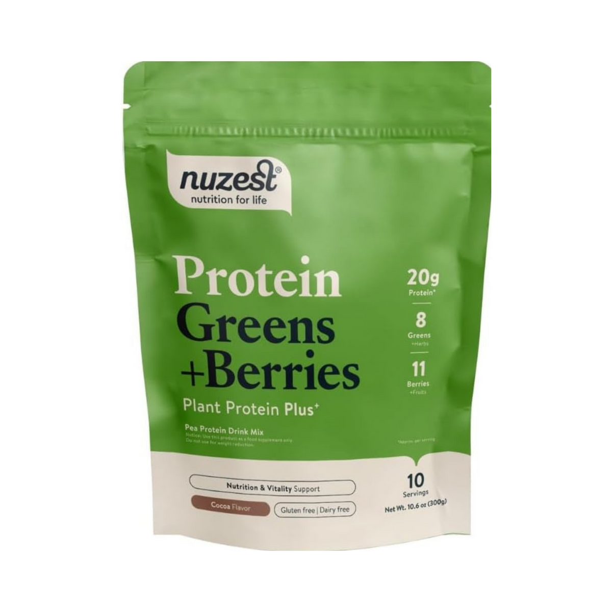 Nuzest, Protein Greens + Berries, Cocoa, 10.6 Oz
