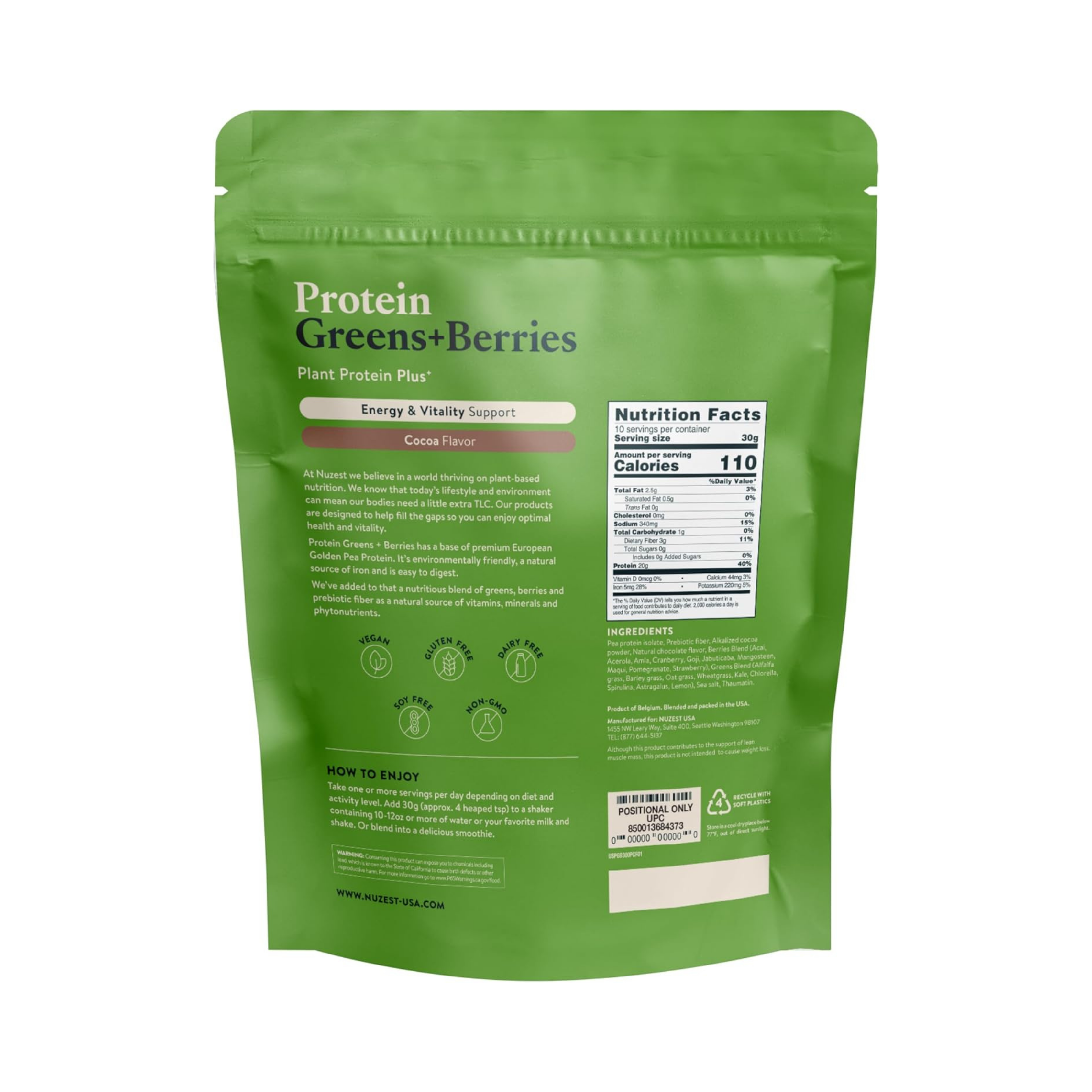Nuzest, Protein Greens + Berries, Cocoa, 10.6 Oz