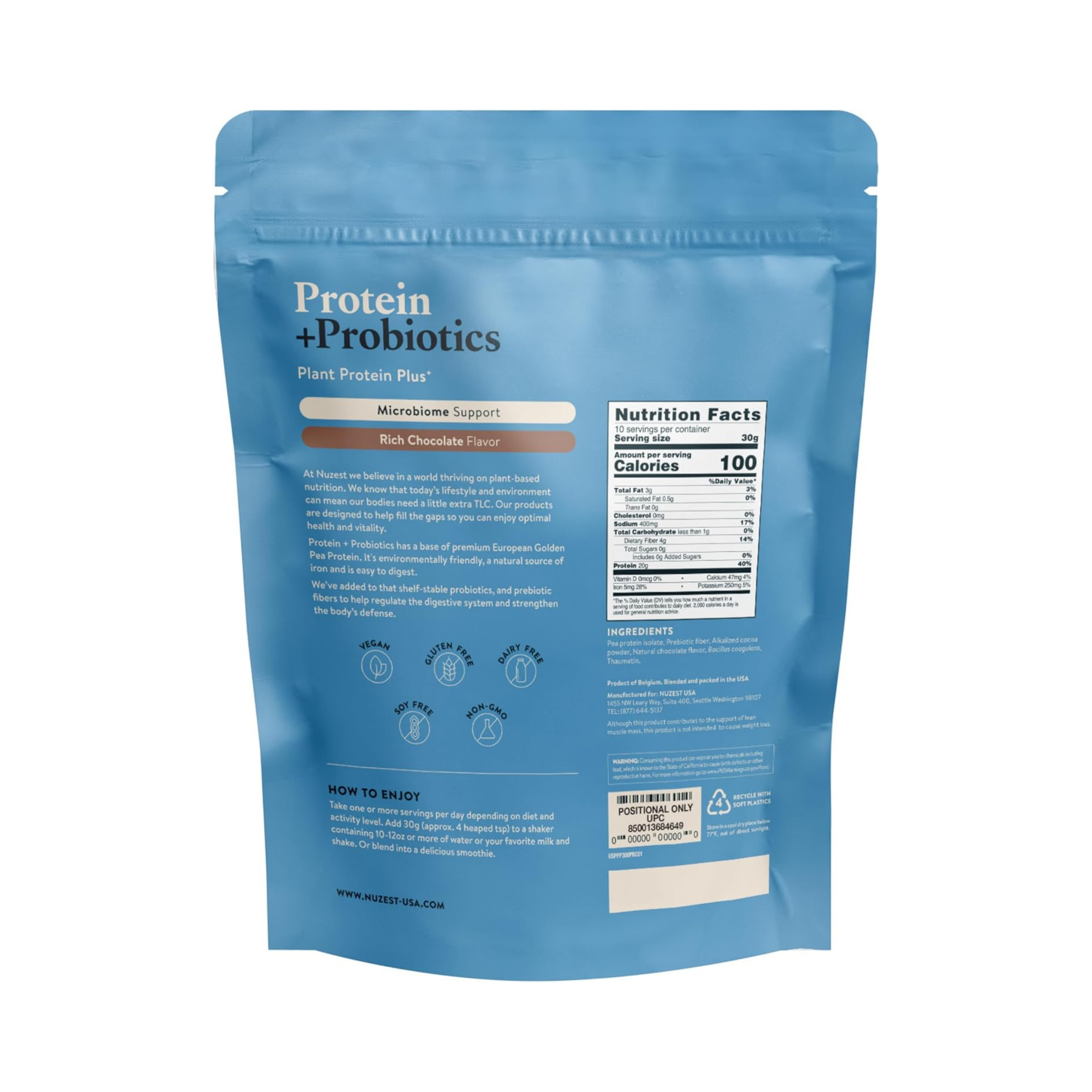 Nuzest, Protein + Probiotics, Rich Chocolate, 10.6 Oz