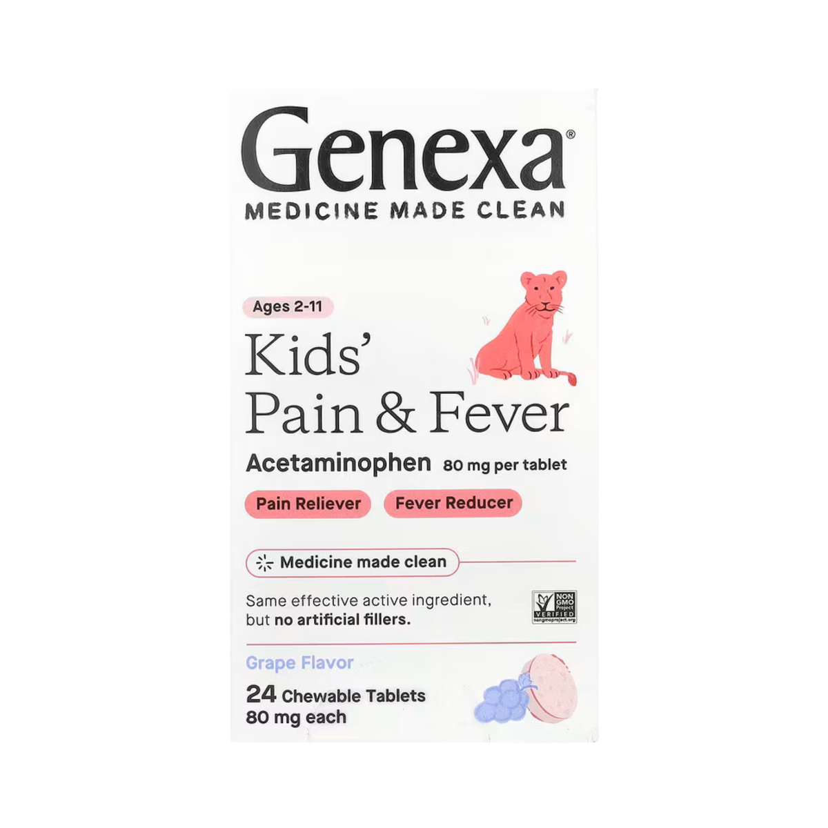 Genexa, Kids' Pain & Fever, Ages 2-11, Grape, 80 mg, 24 Chewable Tablets
