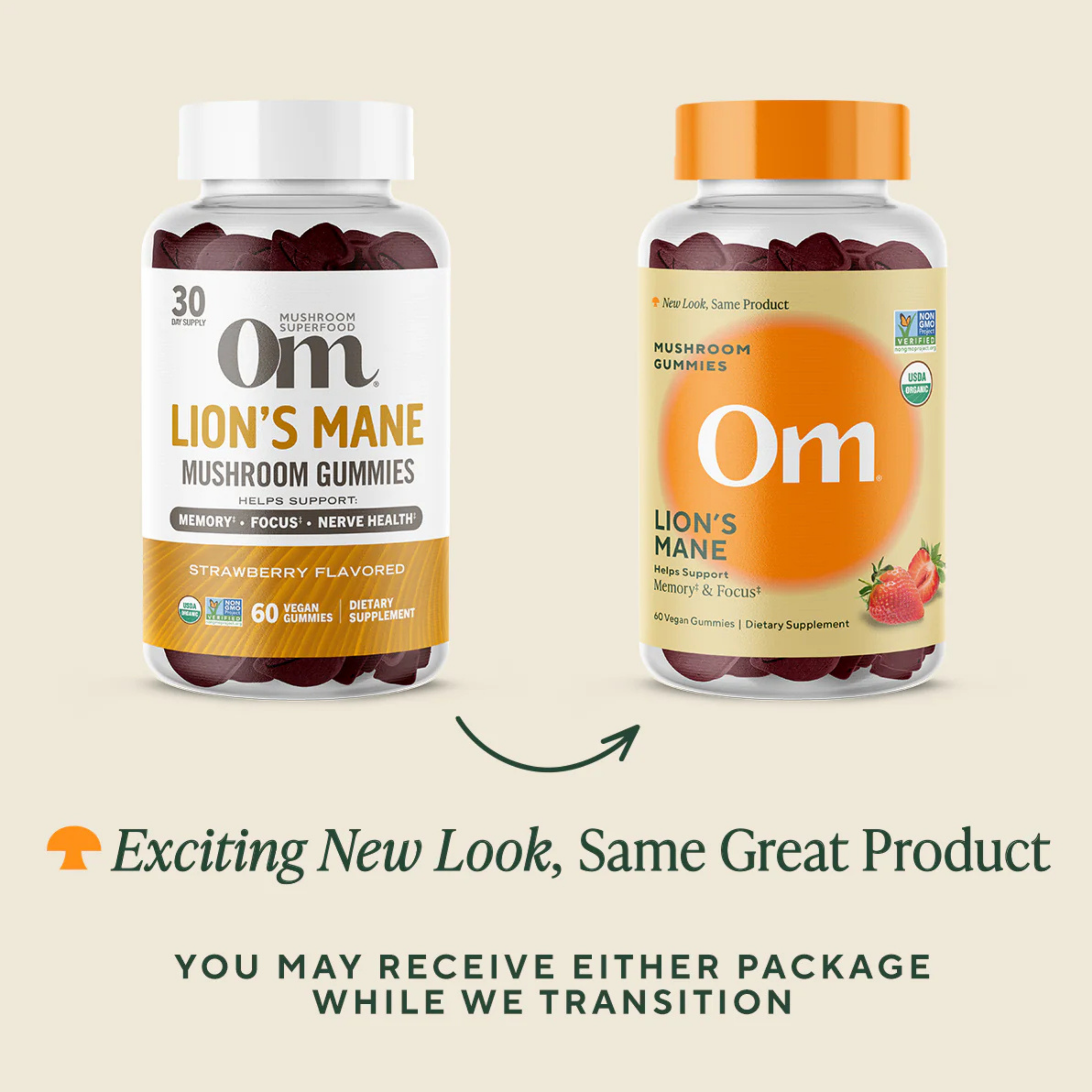 Om Mushrooms, Lion's Mane Mushroom Gummies, Strawberry, 60 Vegan Gummies