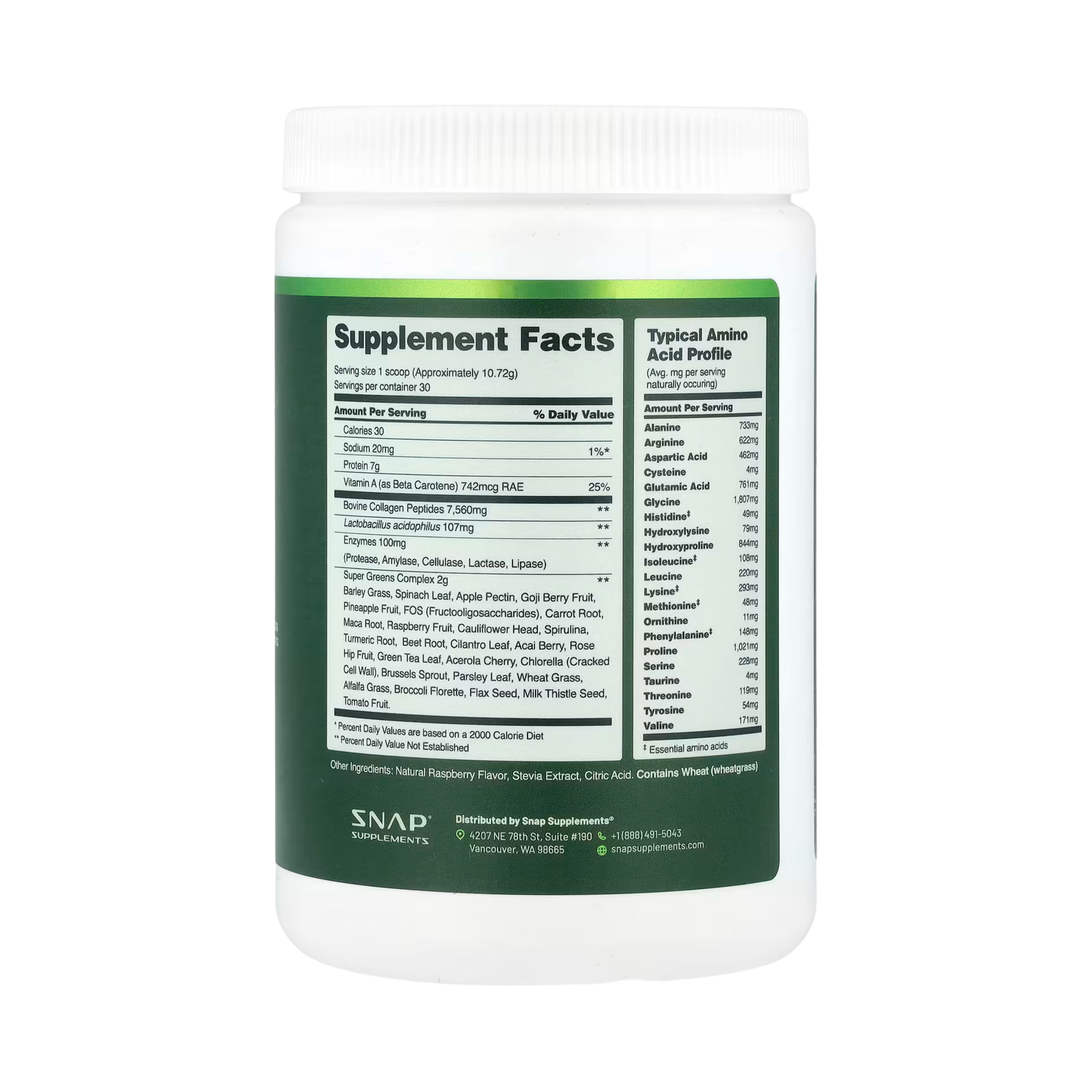 Snap Supplements, Collagen & Greens, Raspberry, 11.34 Oz