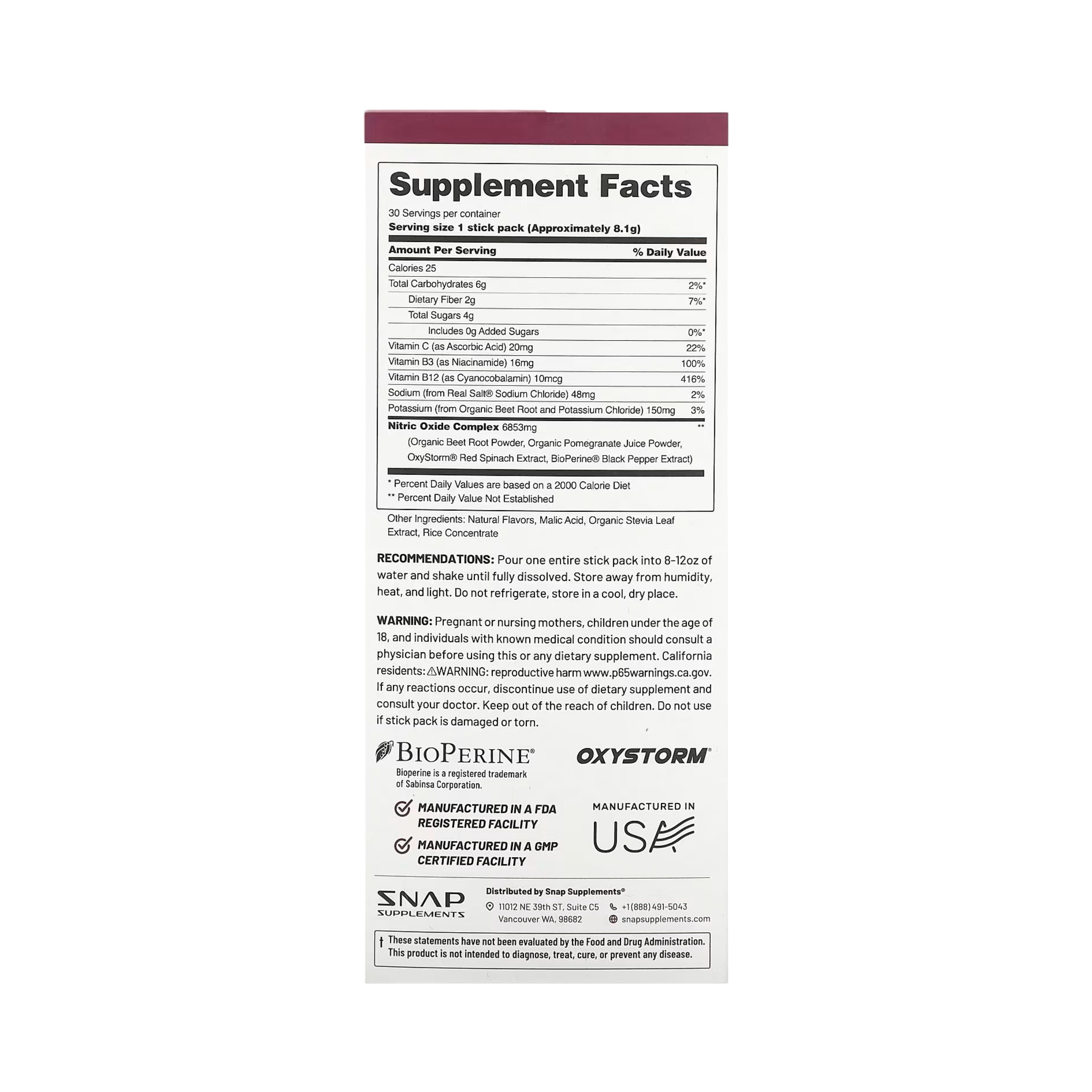 Snap Supplements, Nitric Oxide, Organic Beets, Original Berry, 10 Stick Packs, 0.29 Oz