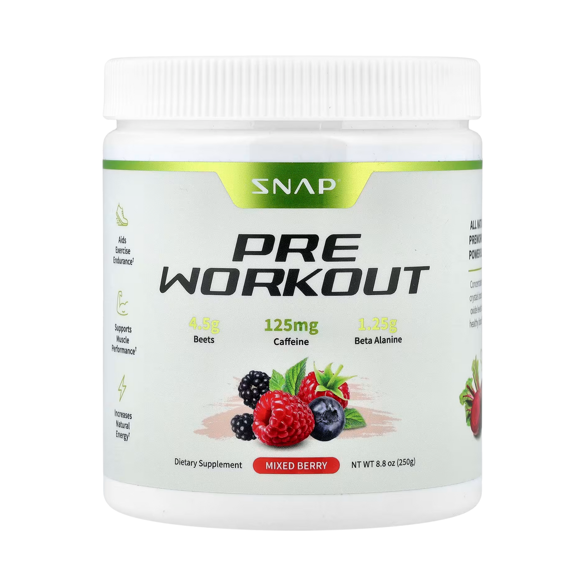 Snap Supplements, Pre Workout, Mixed Berry, 8.8 Oz