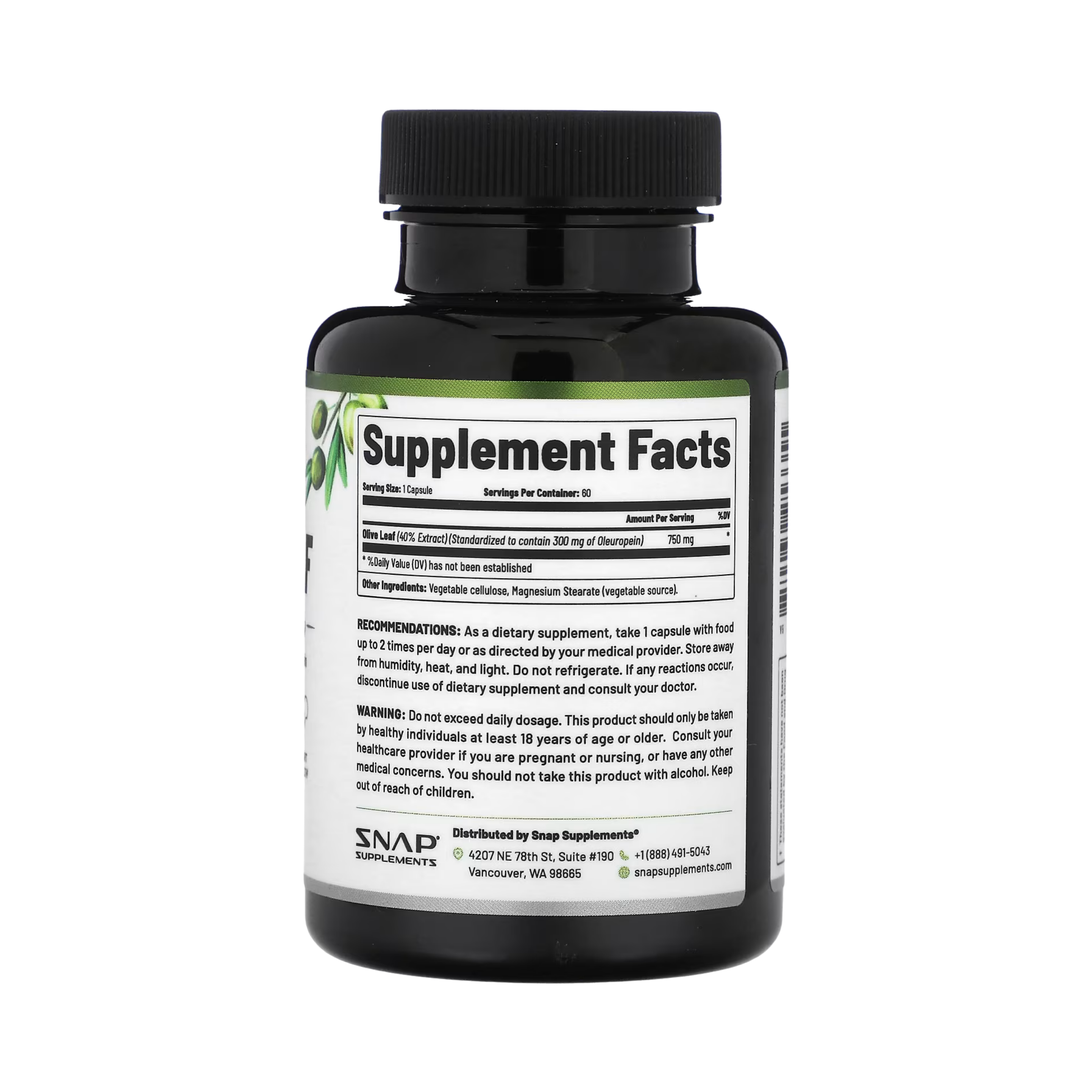 Snap Supplements, Olive Leaf, Maximum Strength, 750 Mg, 60 Capsules