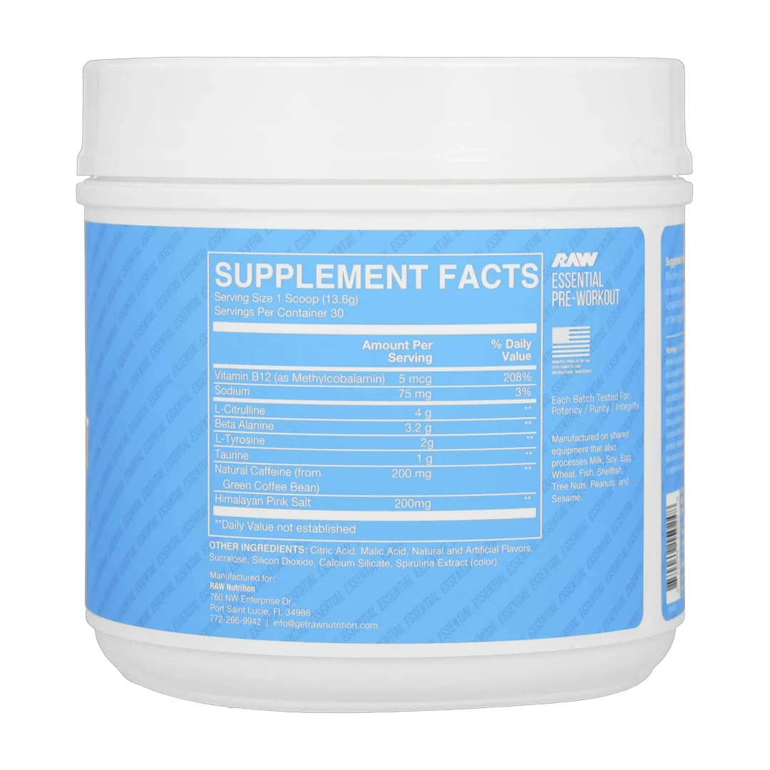 Raw Nutrition, Bum Essentials, Essential Pre-Workout, Blue Raspberry, 14.81 oz (420 g)