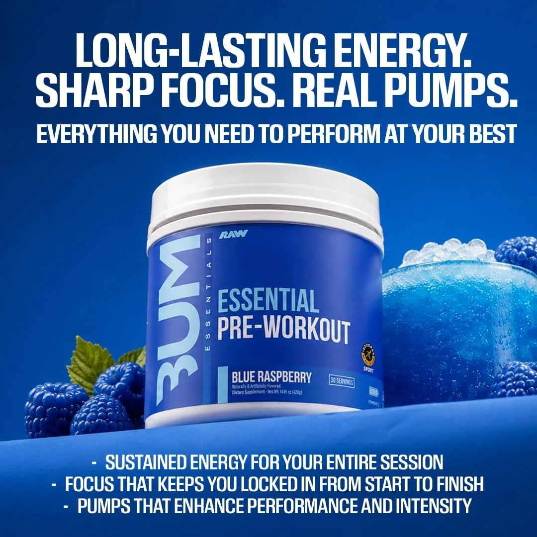 Raw Nutrition, Bum Essentials, Essential Pre-Workout, Blue Raspberry, 14.81 oz (420 g)