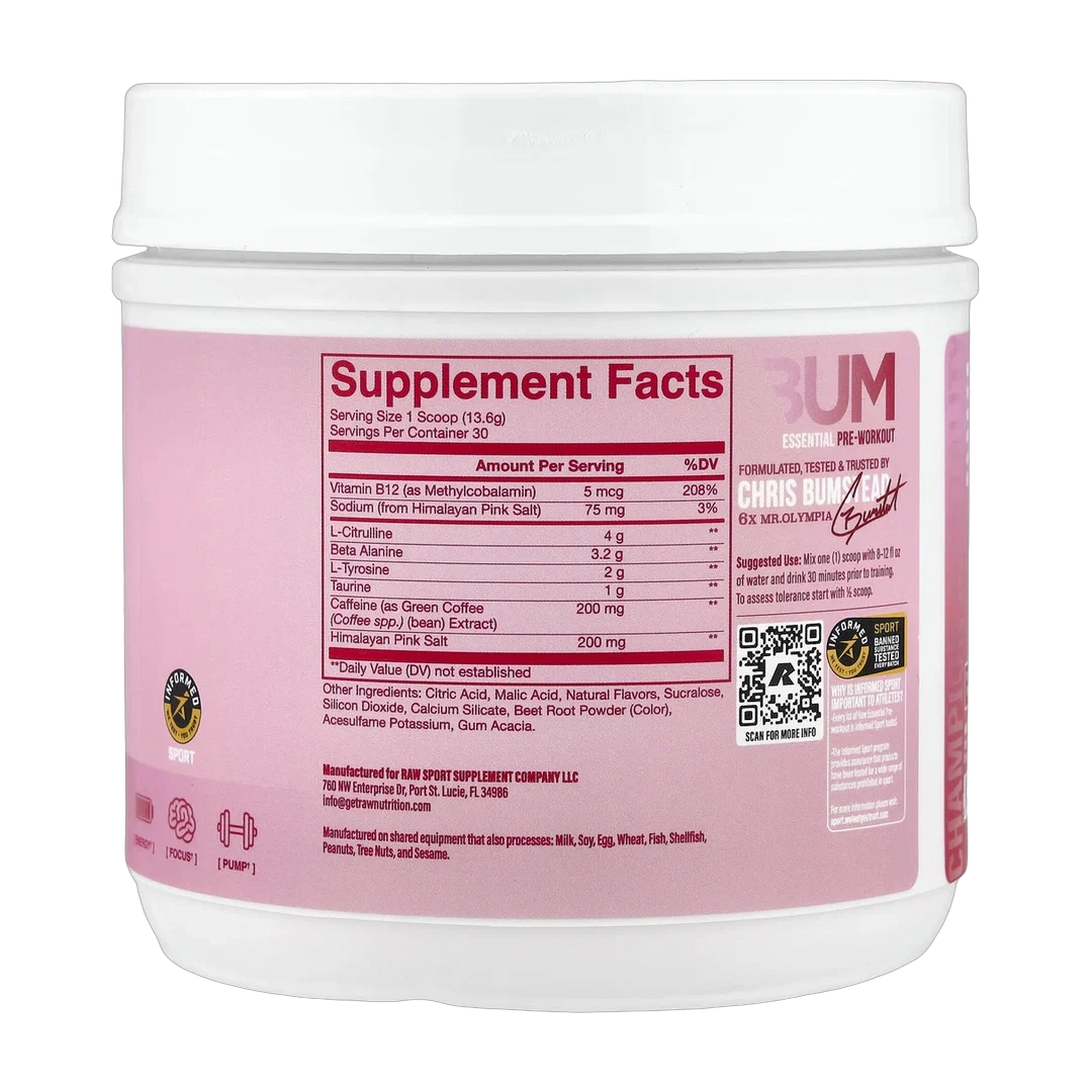 Raw Nutrition, Bum Essentials, Essential Pre-Workout, Raspberry Creamthickle, 14.39 oz (408 g)