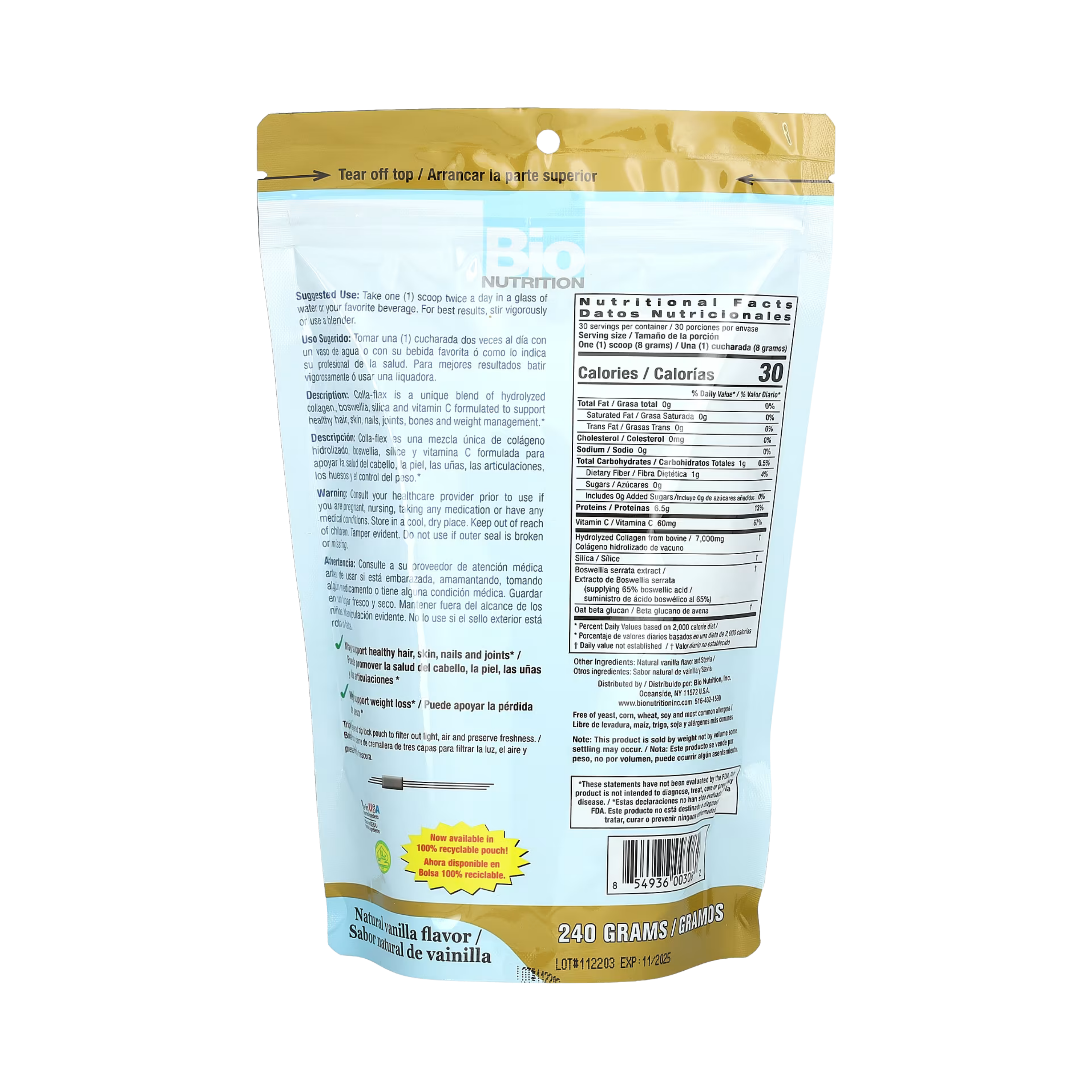 Bio Nutrition, Colla-Flex, Hydrolyzed Collagen with Boswellia, Silica & Vitamin C, Natural Vanilla, 240 g