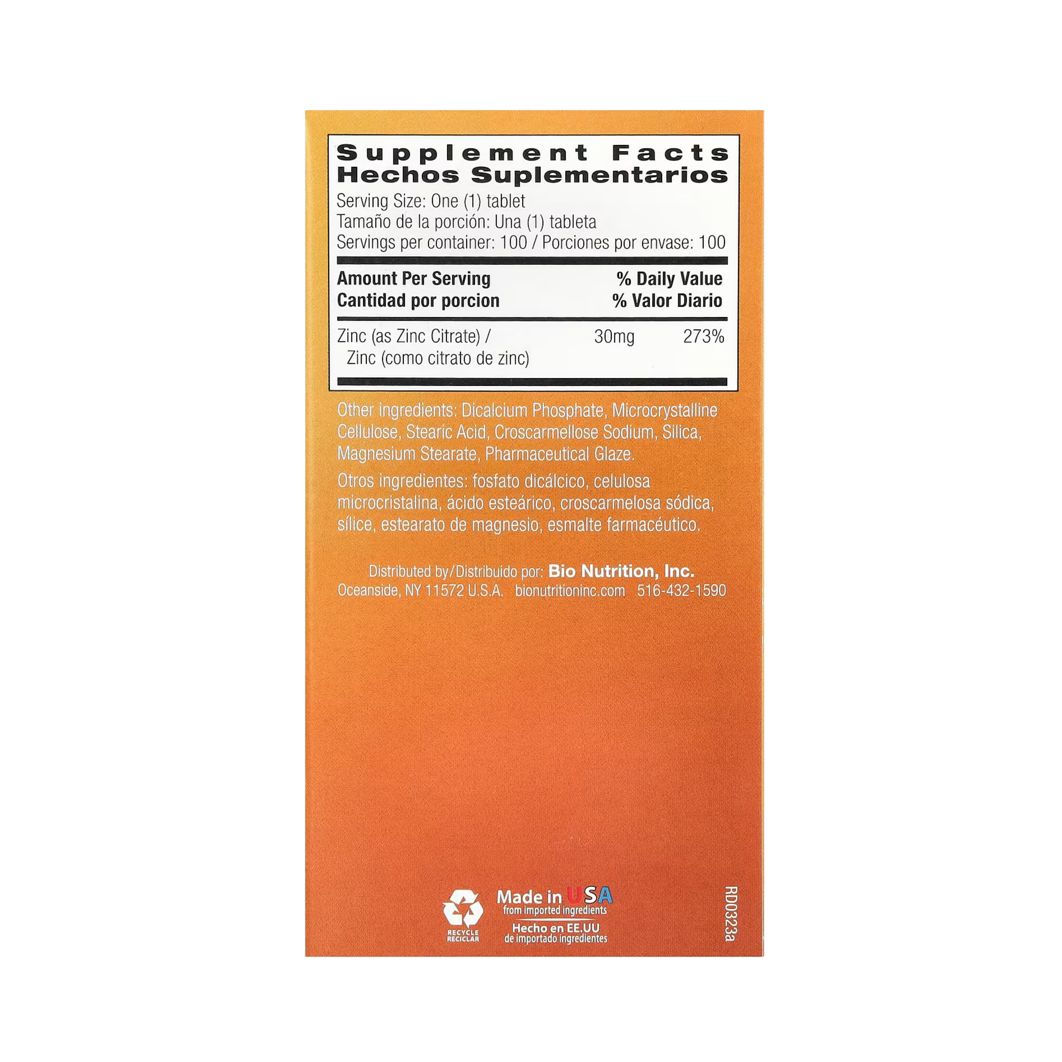 Bio Nutrition, Zinc Citrate, 30 Mg, 100 Tablets