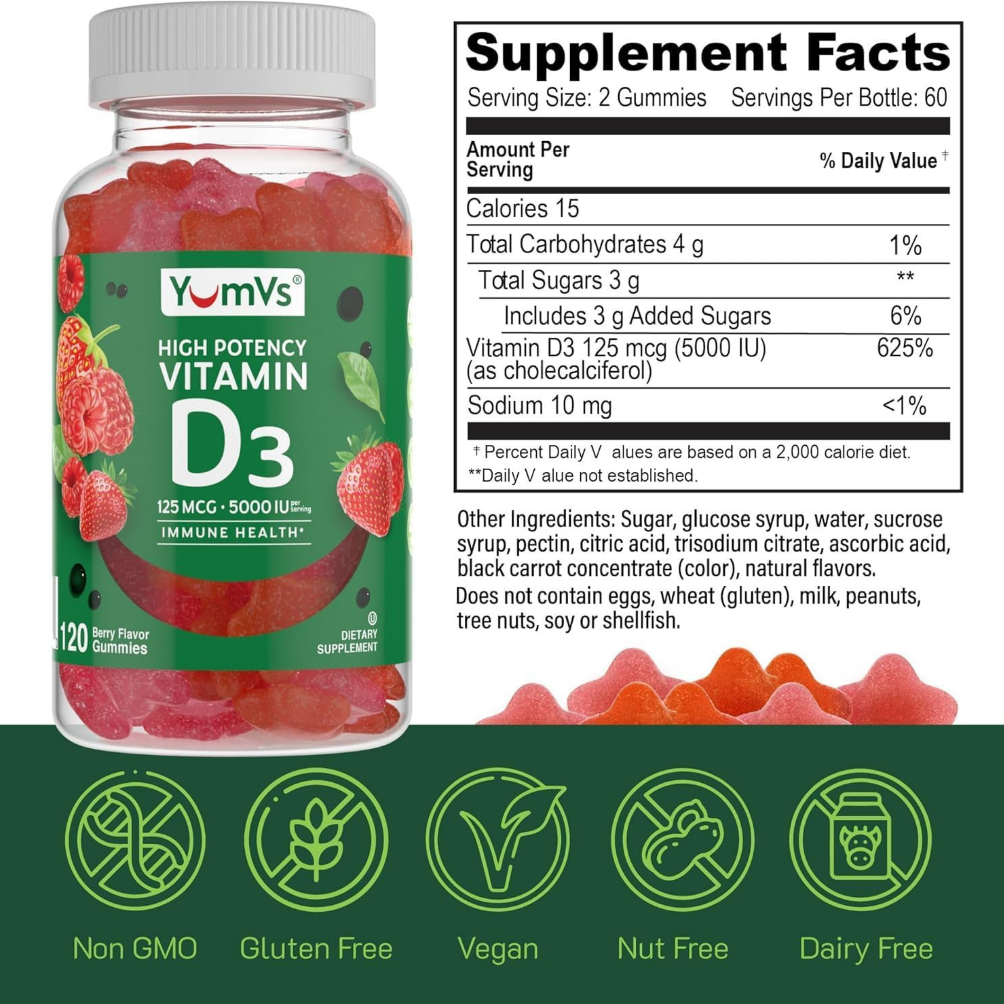 YumVs, Vitamin D3 Gummies, High Potency, Berry Flavor, 125 mcg, 60 Gummies
