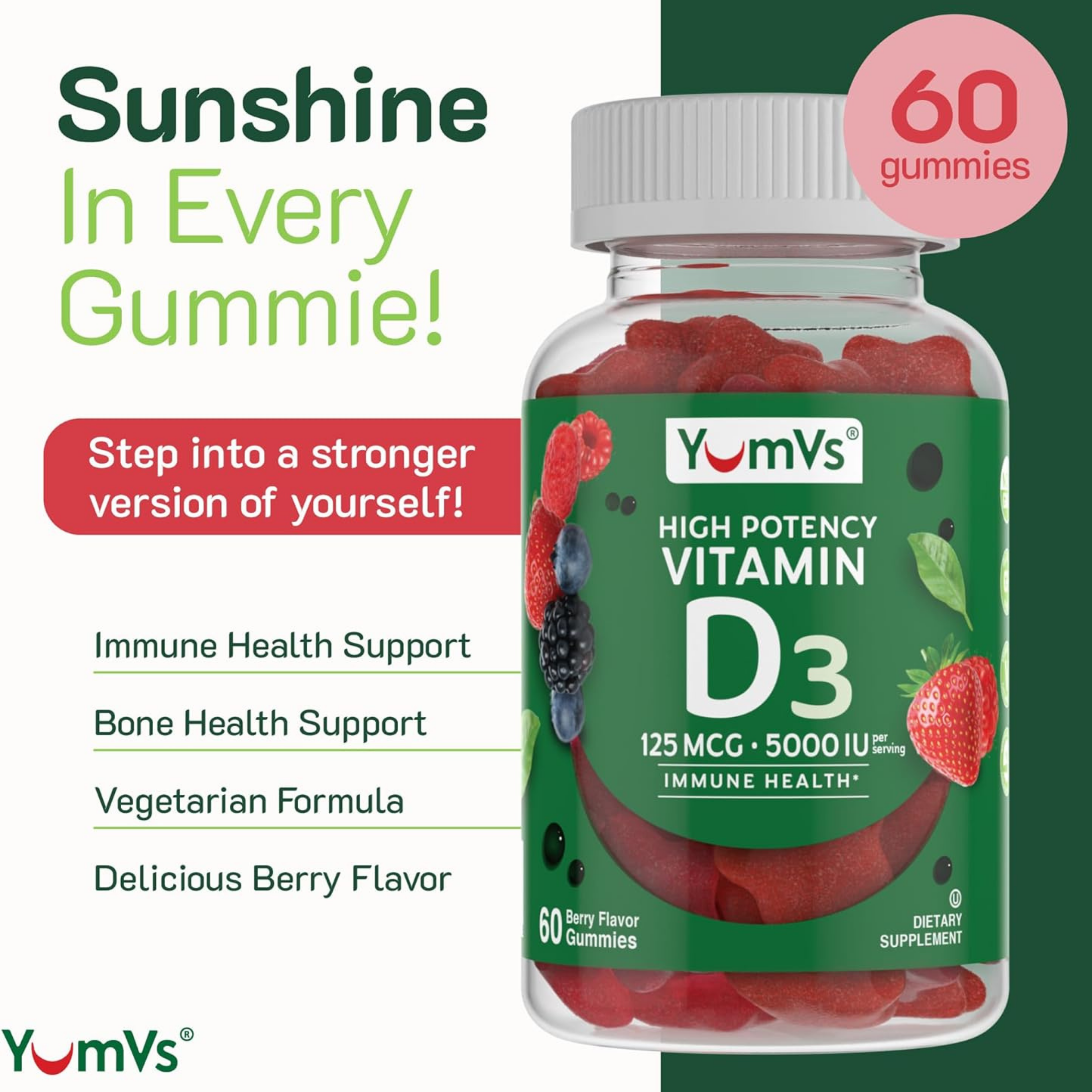 YumVs, Vitamin D3 Gummies, High Potency, Berry Flavor, 125 mcg, 60 Gummies