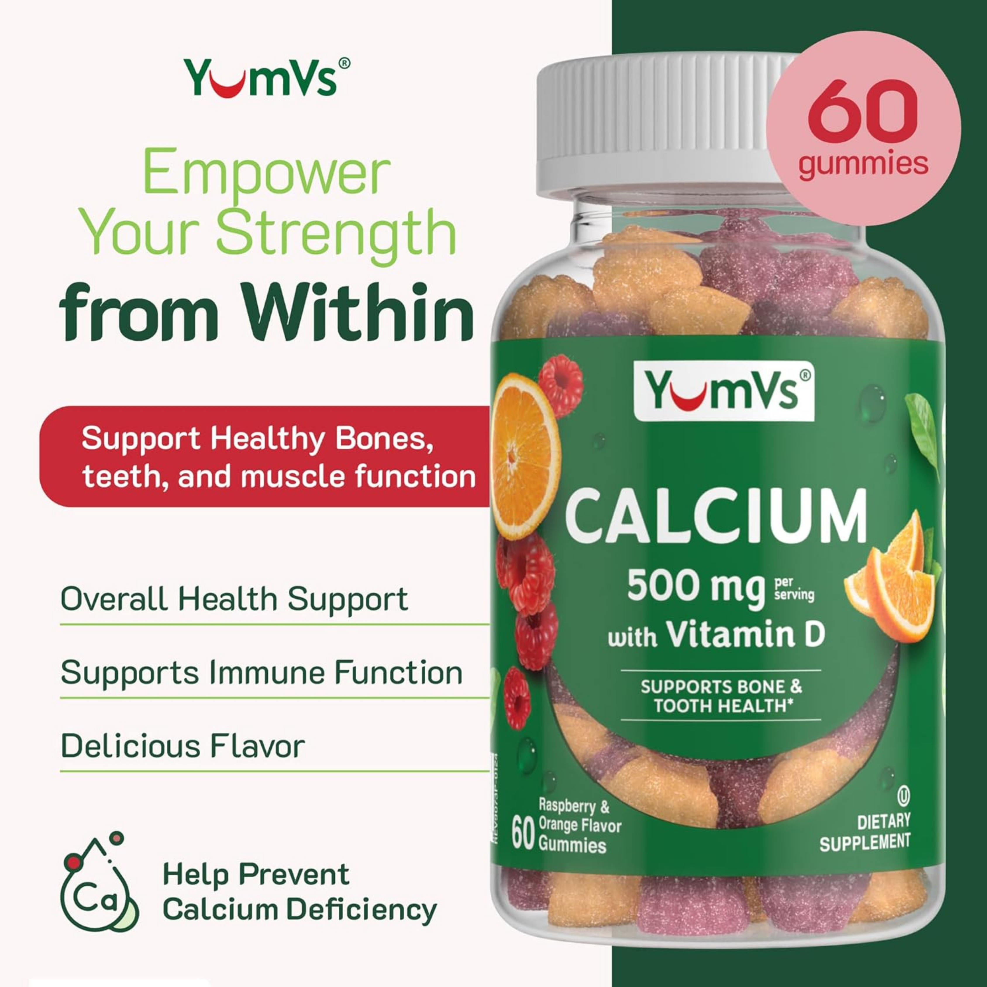 YumVs, Calcium with Vitamin D,  Orange and Berry Flavor, 500 mg, 60 Gummies