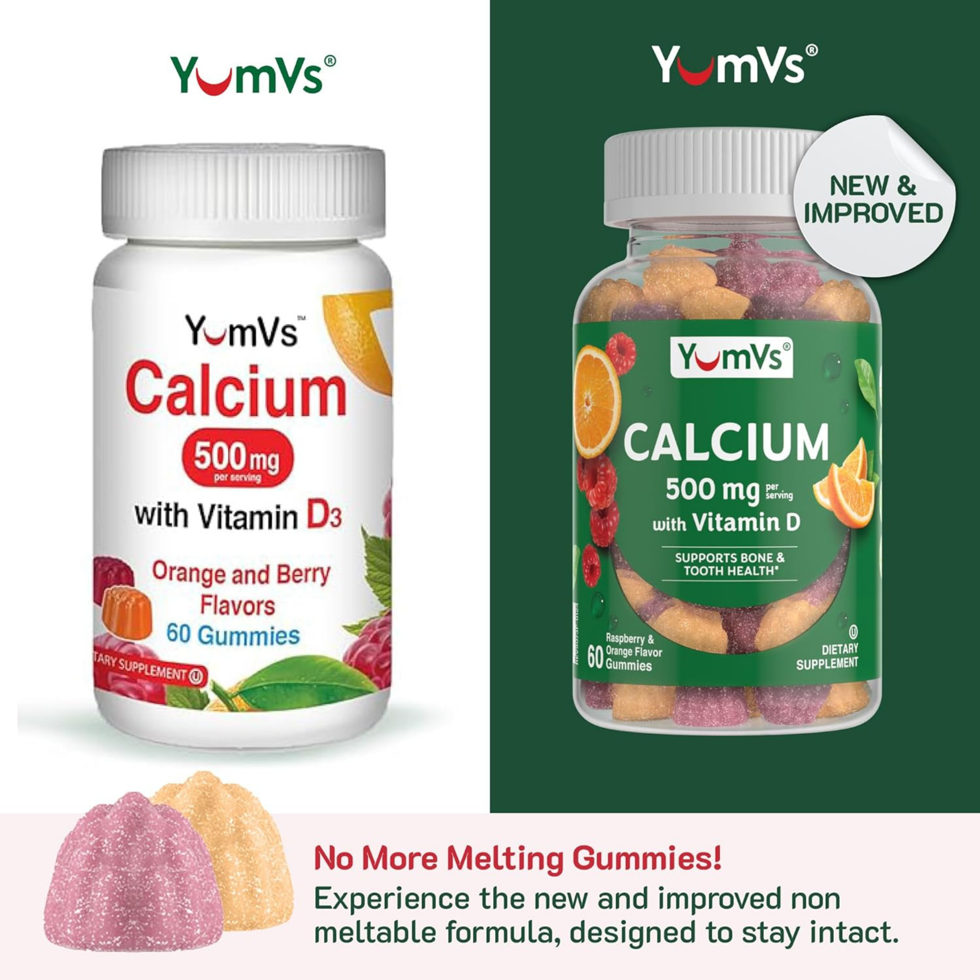 YumVs, Calcium with Vitamin D,  Orange and Berry Flavor, 500 mg, 60 Gummies