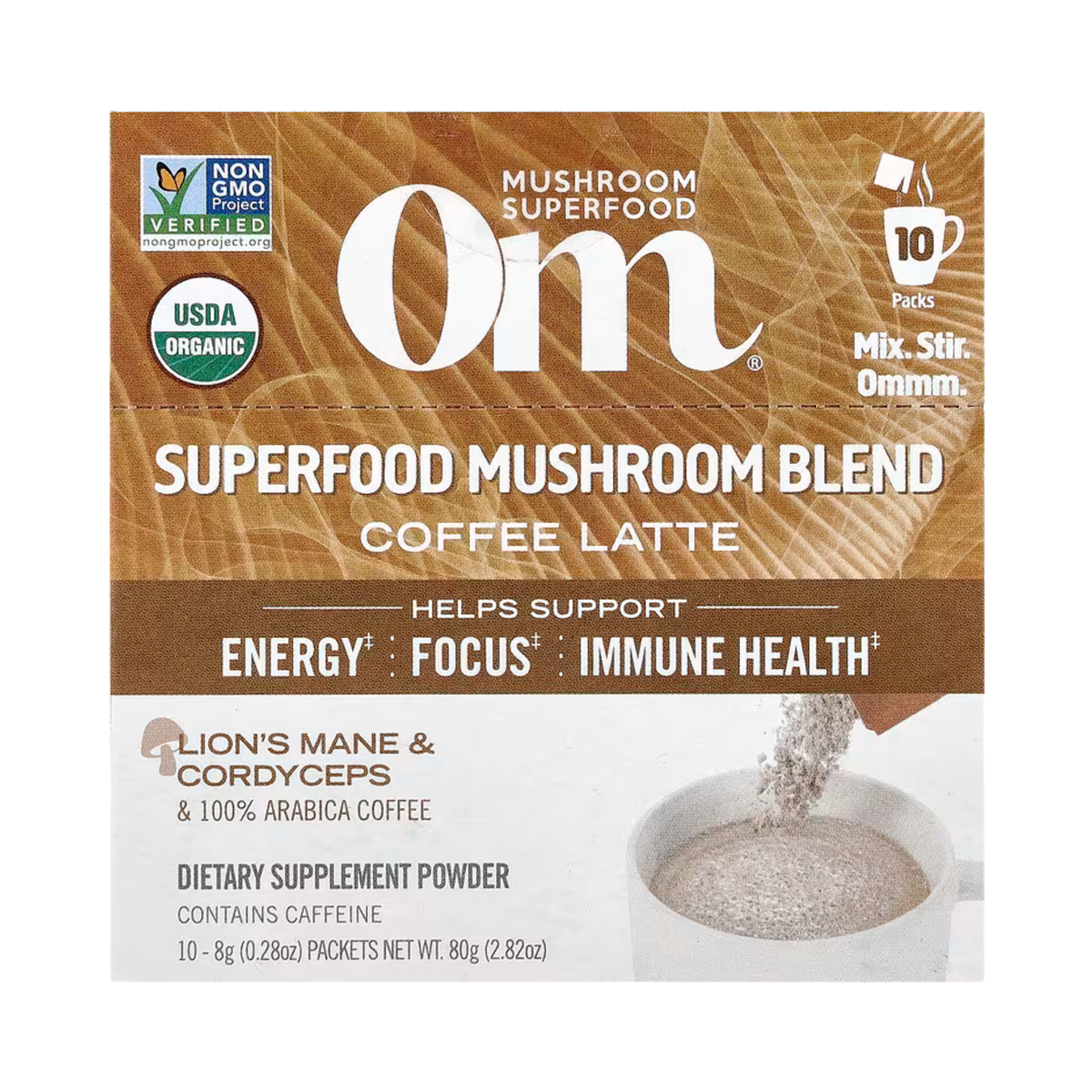 Om Mushrooms, Superfood Mushroom Blend, Coffee Latte, 10 Packets, 0.28 oz, 8 g Each