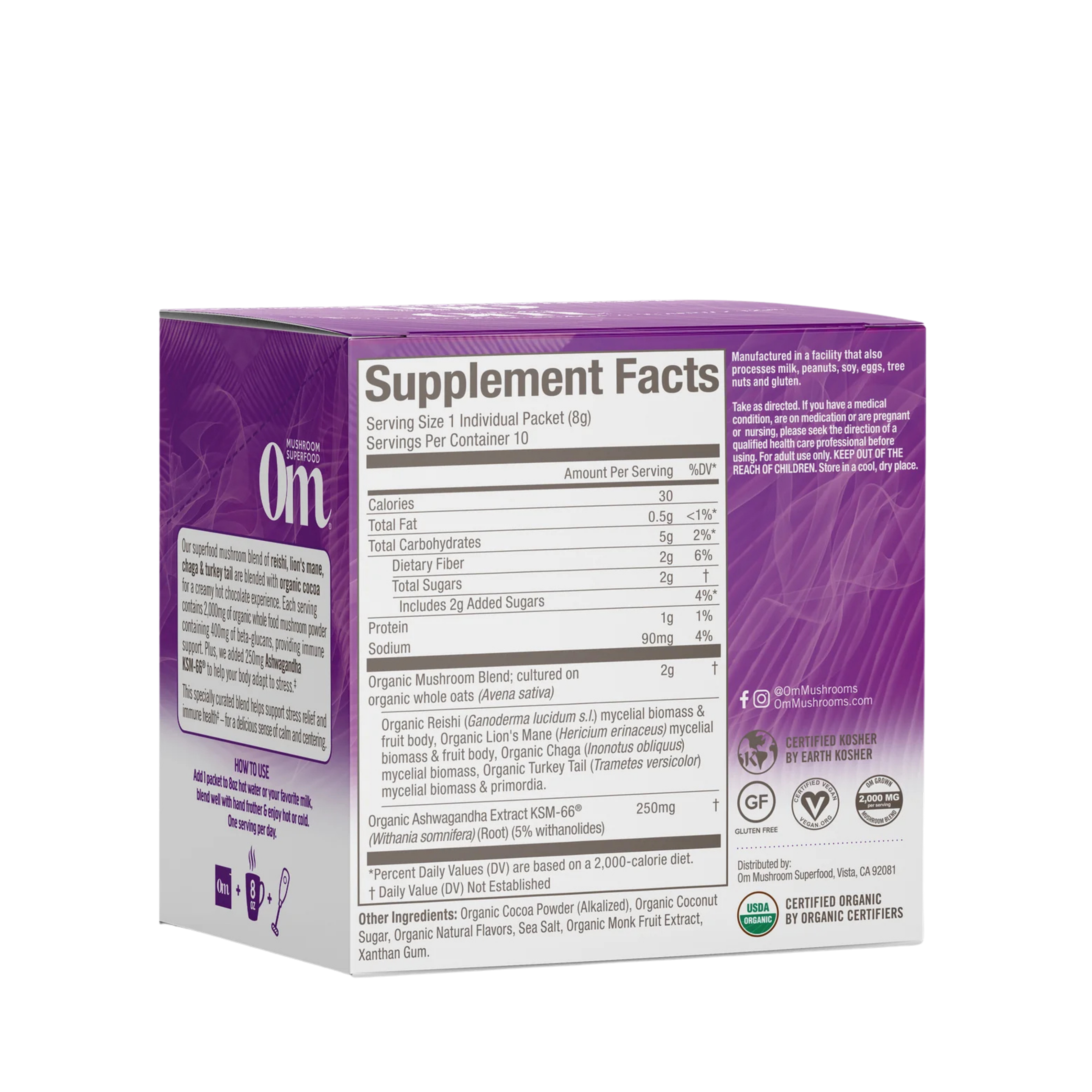 Om Mushrooms, Superfood Mushroom Blend, Hot Chocolate , 10 Packets, 0.28 oz, 8 g Each