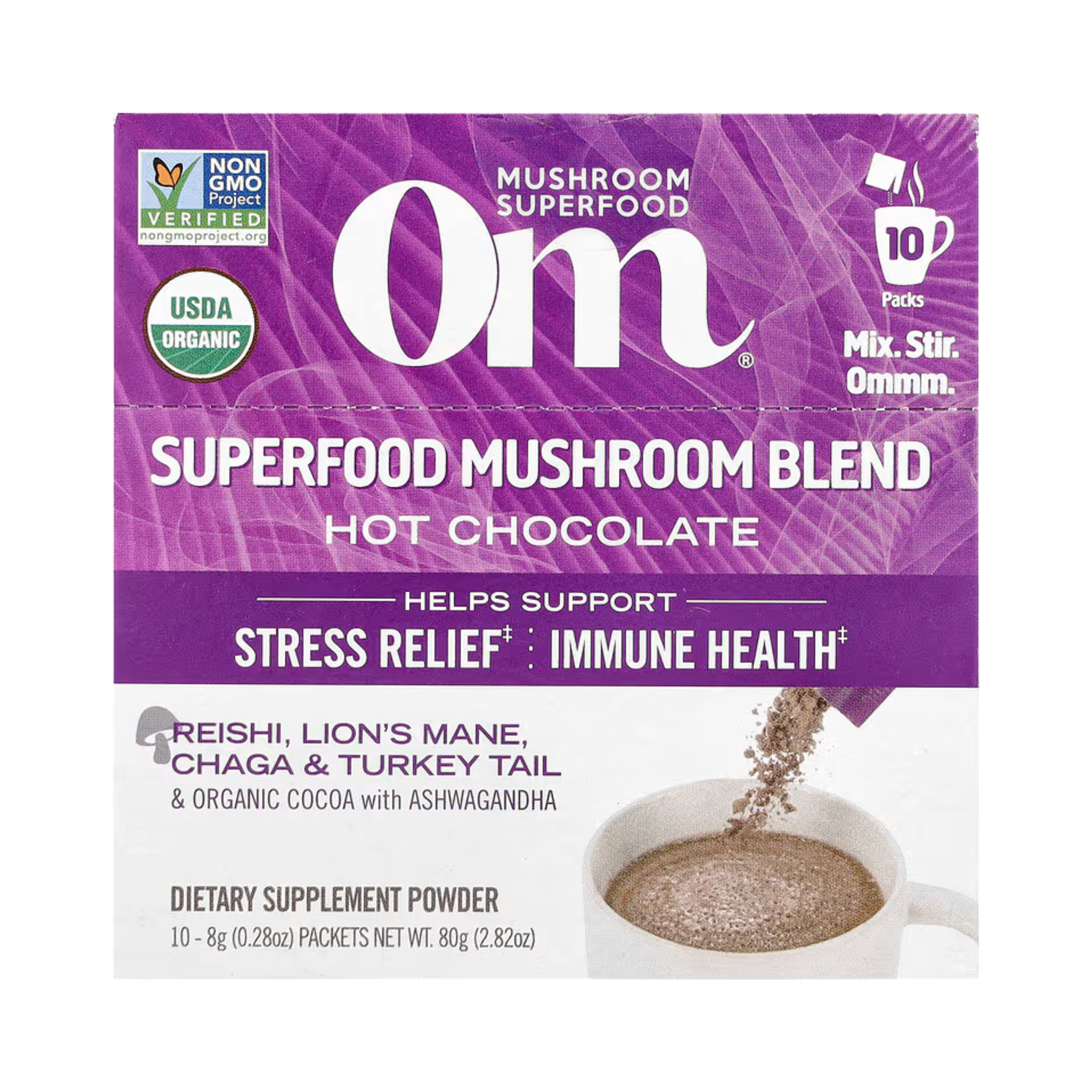 Om Mushrooms, Superfood Mushroom Blend, Hot Chocolate , 10 Packets, 0.28 oz, 8 g Each