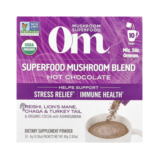 Om Mushrooms, Superfood Mushroom Blend, Hot Chocolate , 10 Packets, 0.28 oz, 8 g Each
