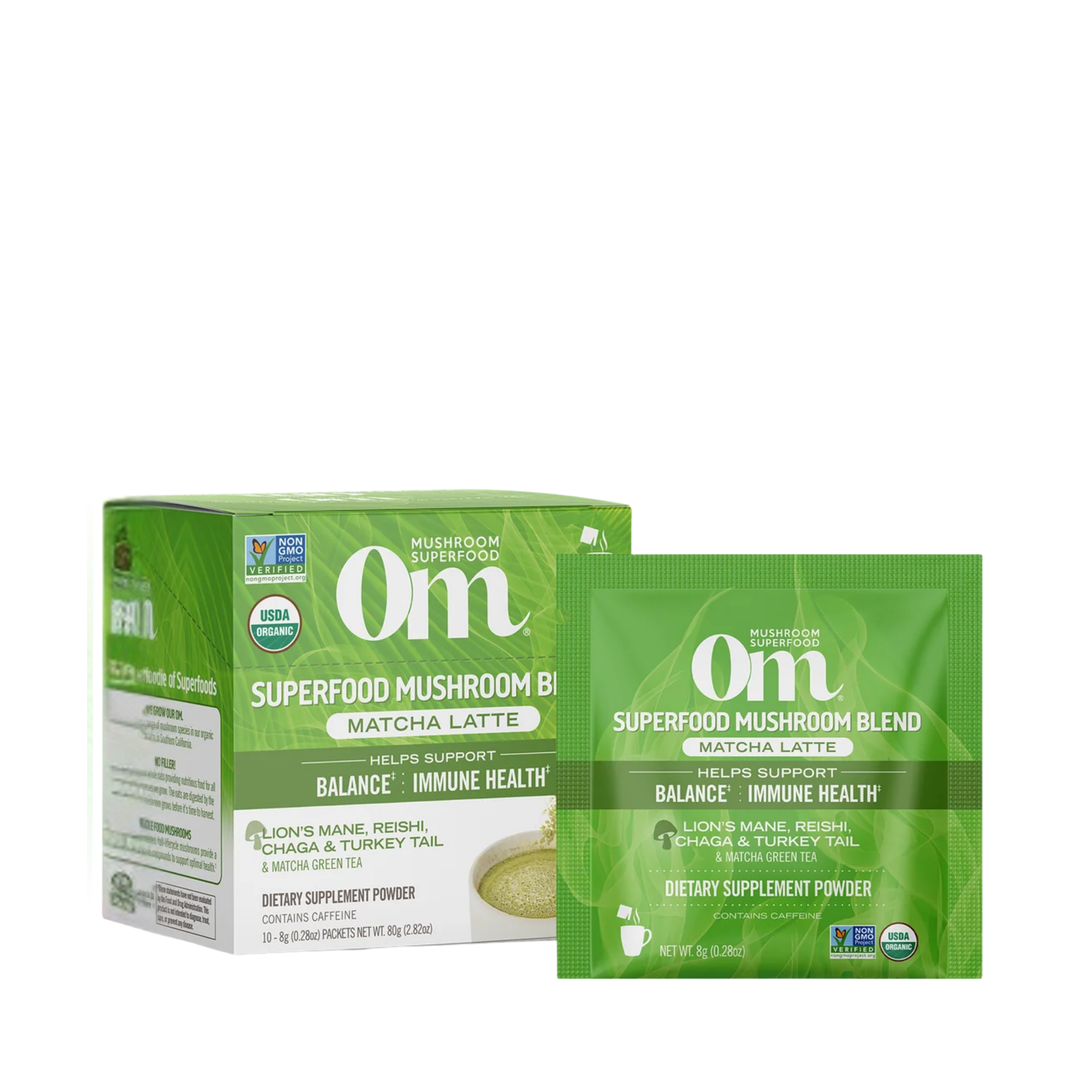 Om Mushrooms, Superfood Mushroom Blend, Matcha Latte, 10 Packets, 0.28 oz, 8 g Each