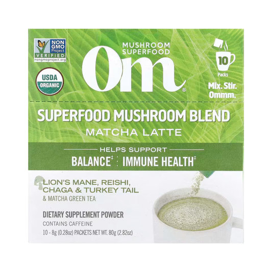 Om Mushrooms, Superfood Mushroom Blend, Matcha Latte, 10 Packets, 0.28 oz, 8 g Each