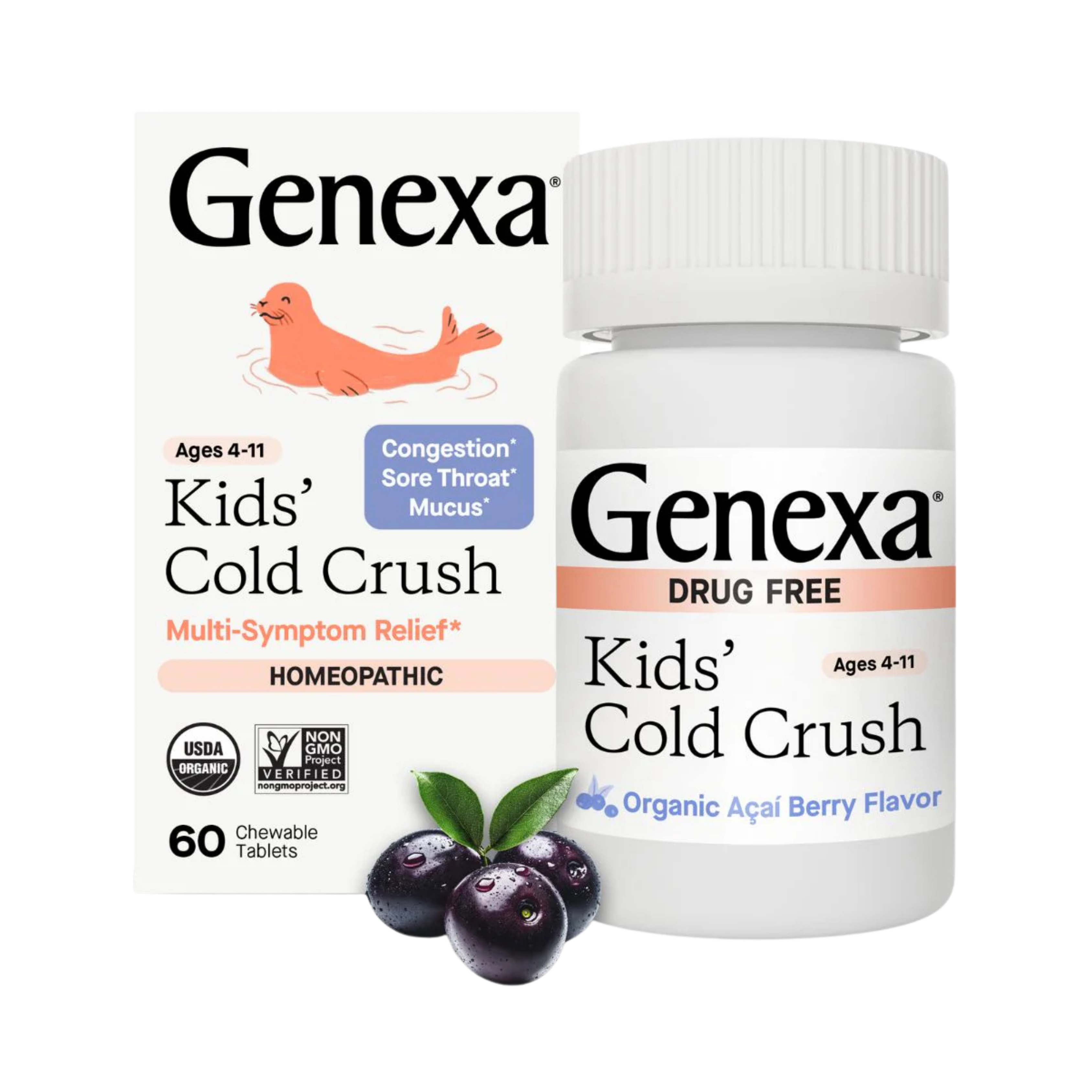 Genexa, Kids´ Cold Crush, Ages 4-11, Organic Acai Berry, 60 Chewable Tablets