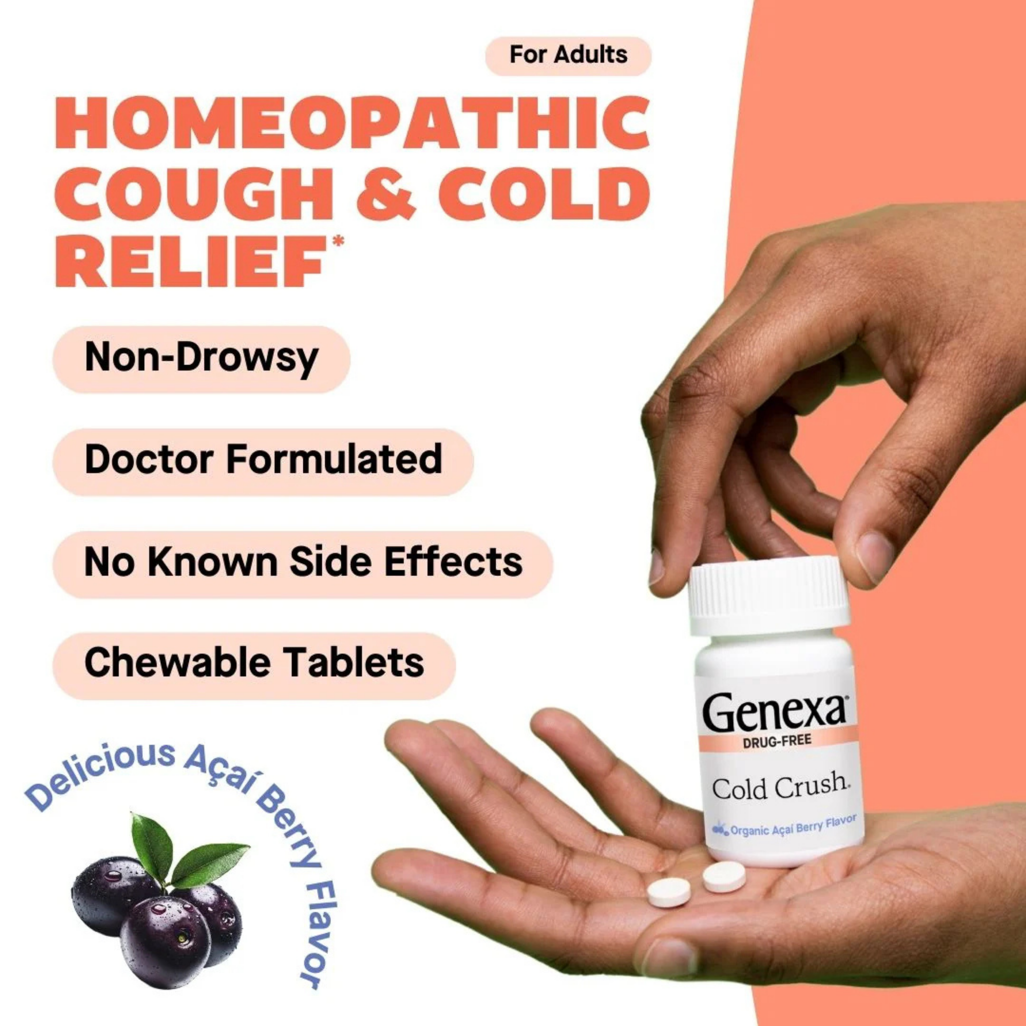 Genexa, Cold Crush, Non-Drowsy Organic Cold & Cough, Organic Acai Berry, 60 Chewable Tablets