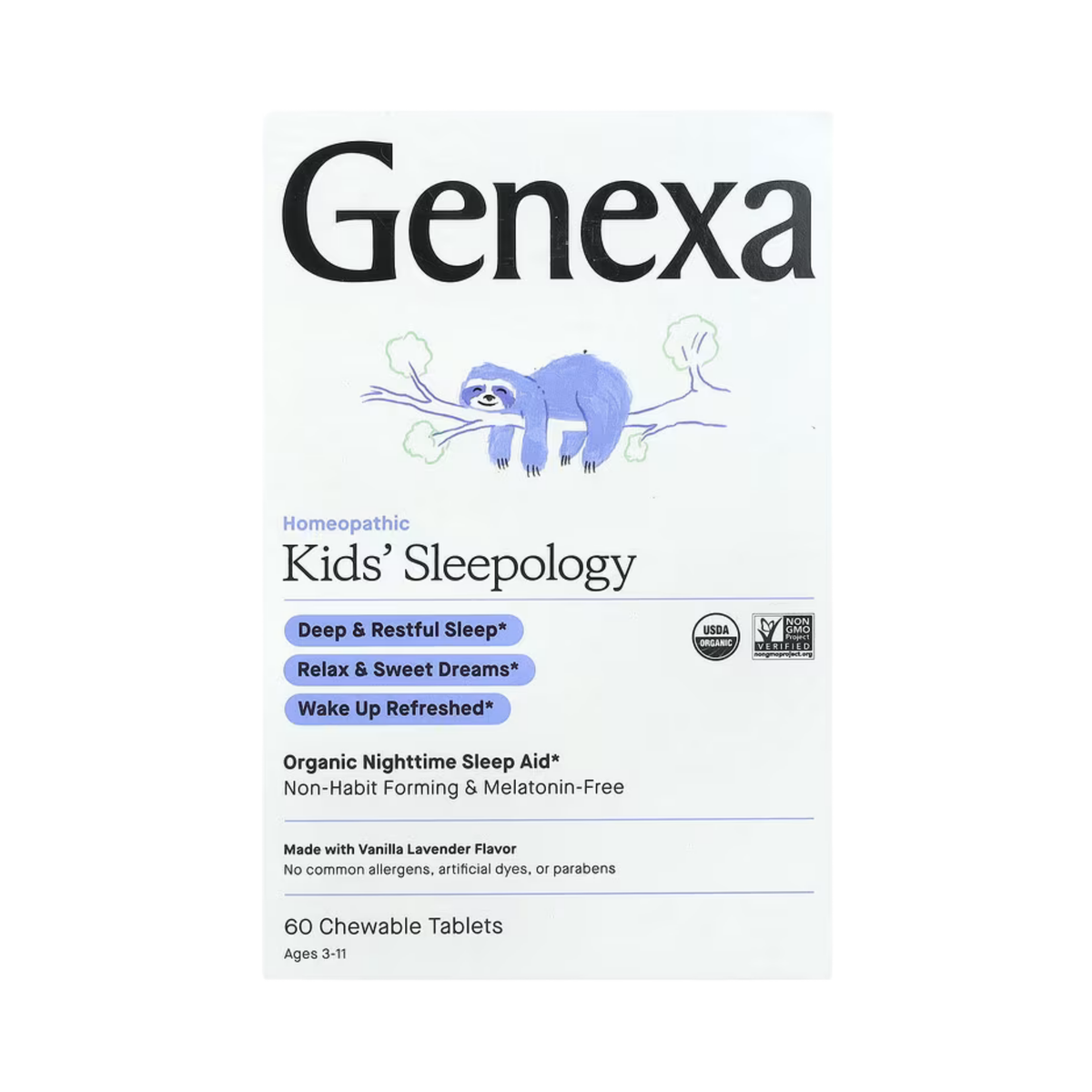 Genexa, Kids' Sleepology, Organic Nighttime Sleep Aid, Ages 3-11, Vanilla Lavender, 60 Chewable Tablets