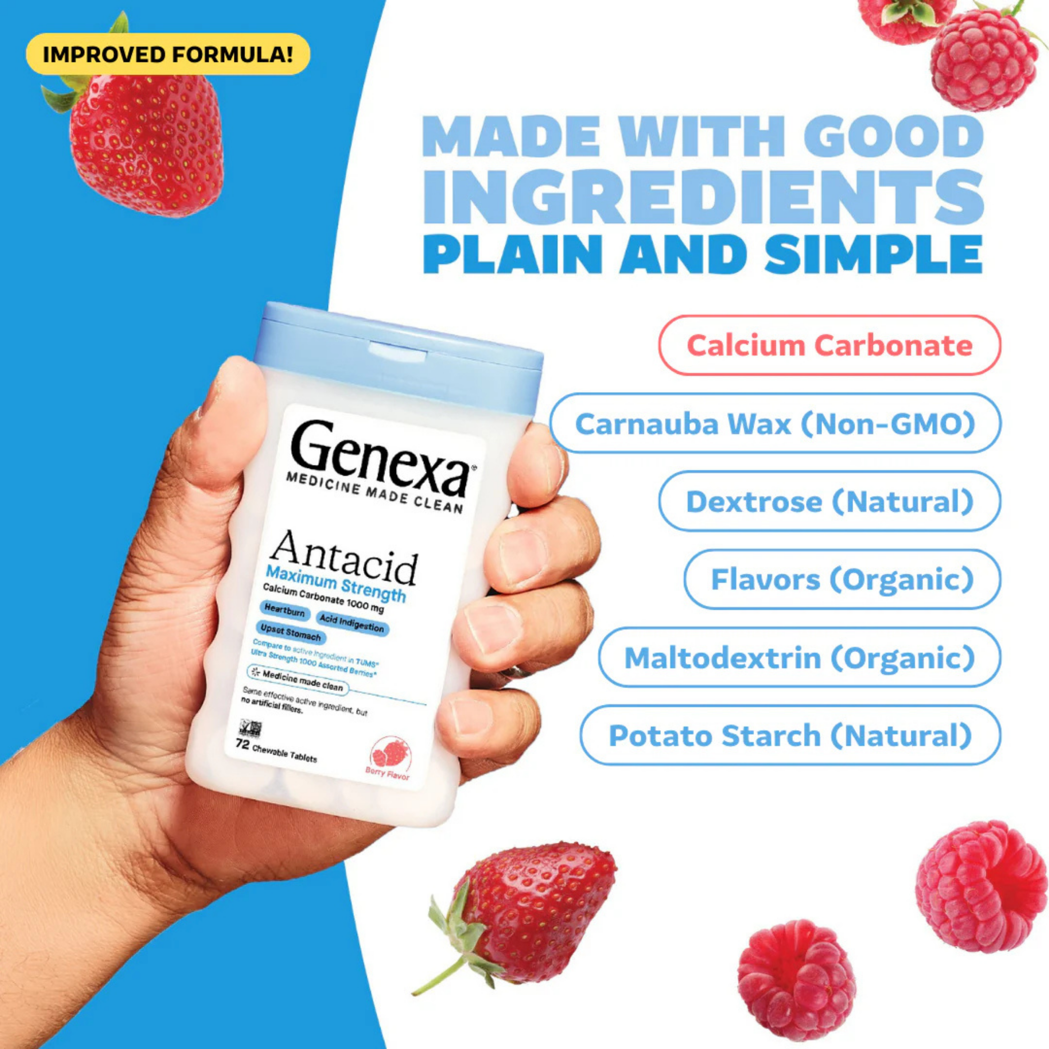 Genexa, Antacid, Maximum Strength, Organic Berry & Vanilla, 1,000 mg, 72 Chewable Tablets