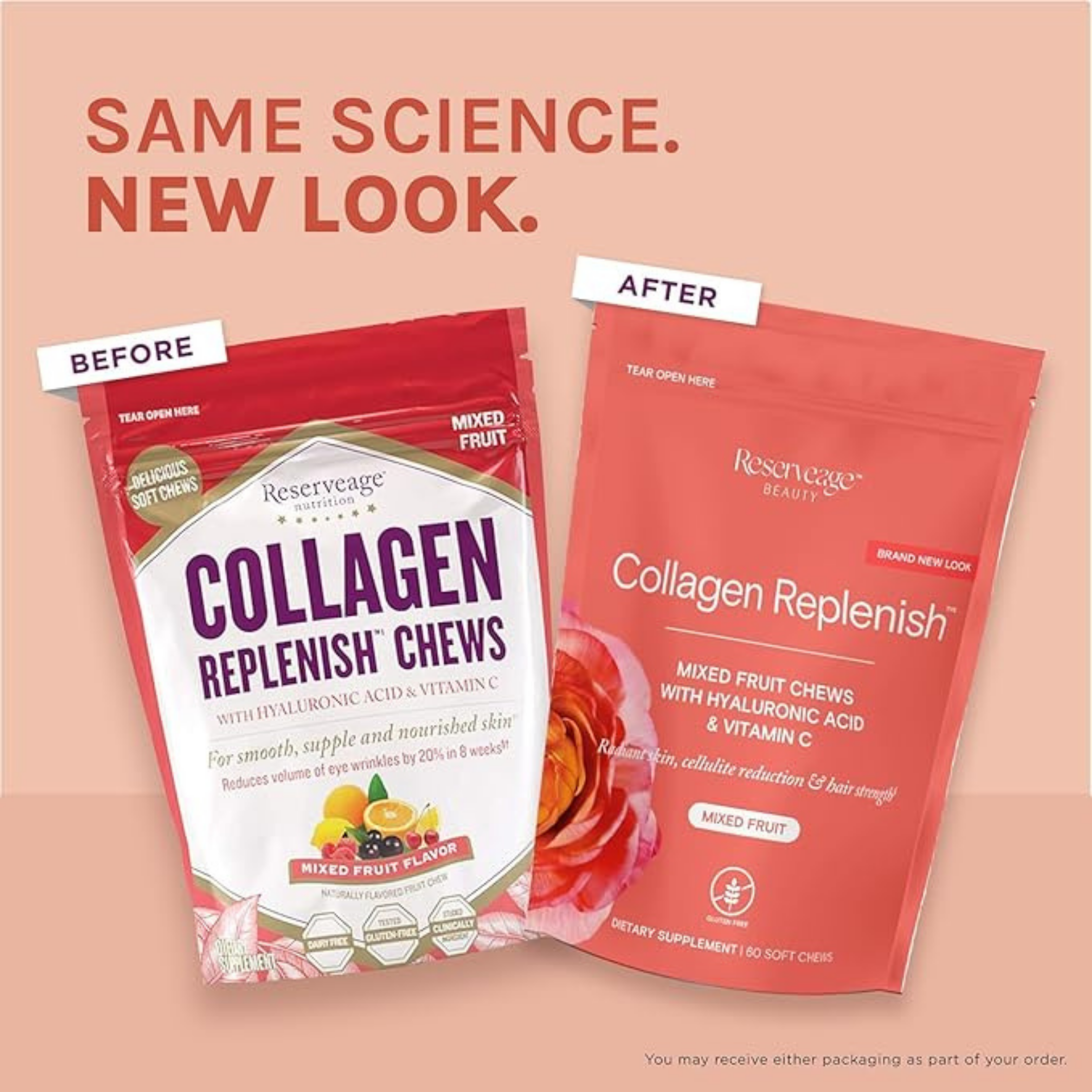 Reserveage Beauty, Collagen Replenish Chews Mixed Fruit Flavor, 60 count