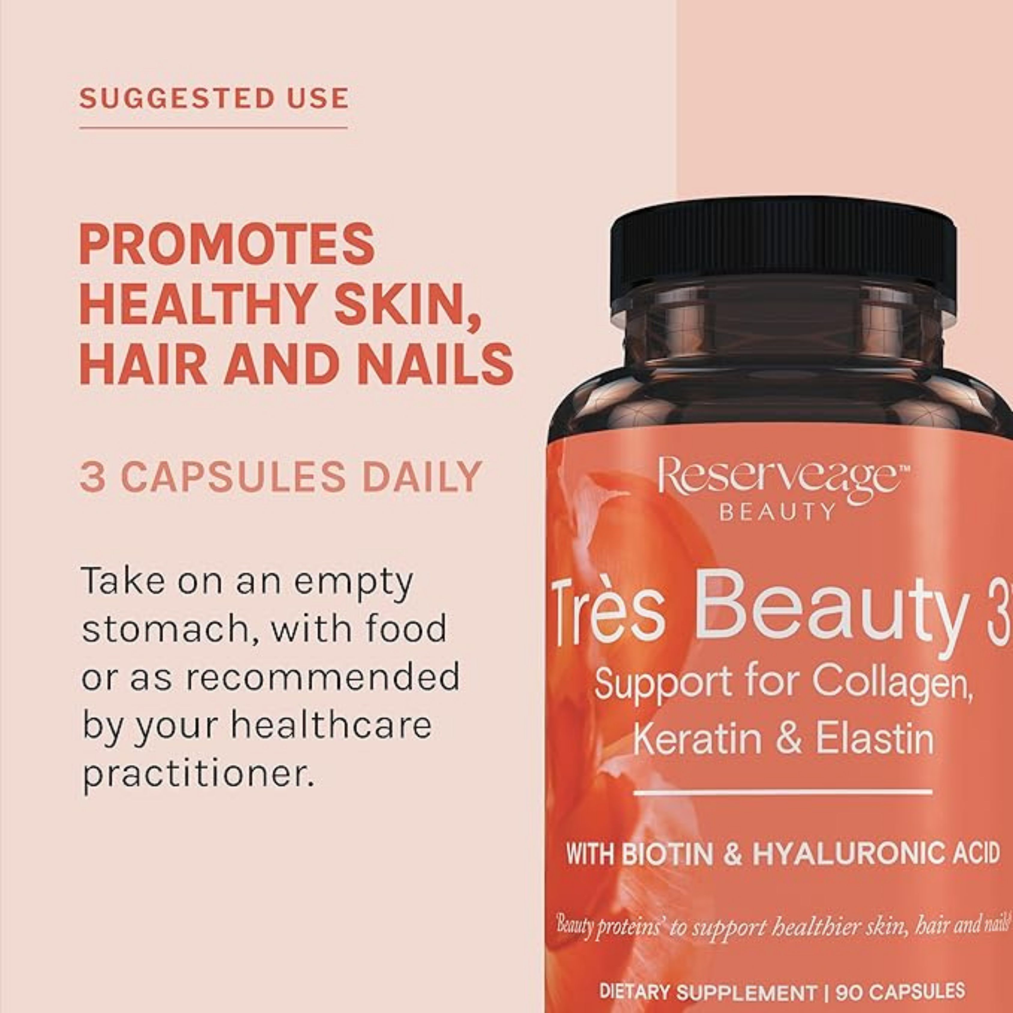 Reserveage Beauty, Tres Beauty 3 with Biotin & Hyaluronic Acid, 90 Capsules