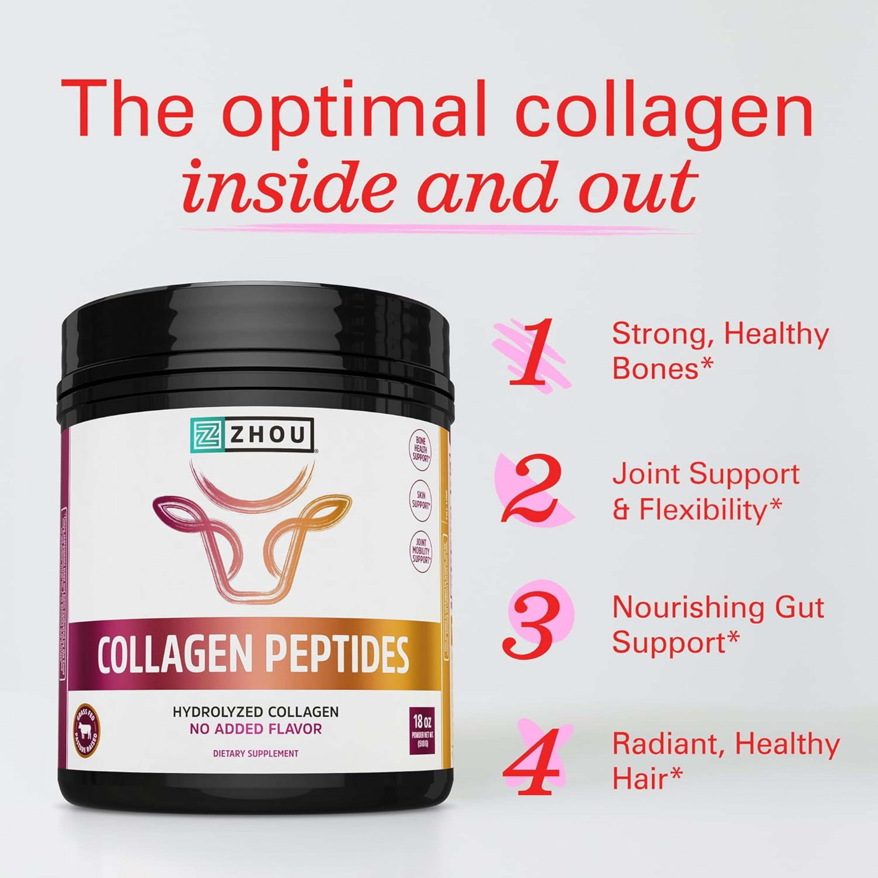 Zhou, Collagen Peptides, Pure Hydrolized Collagen Powder,  18 Oz Ounce