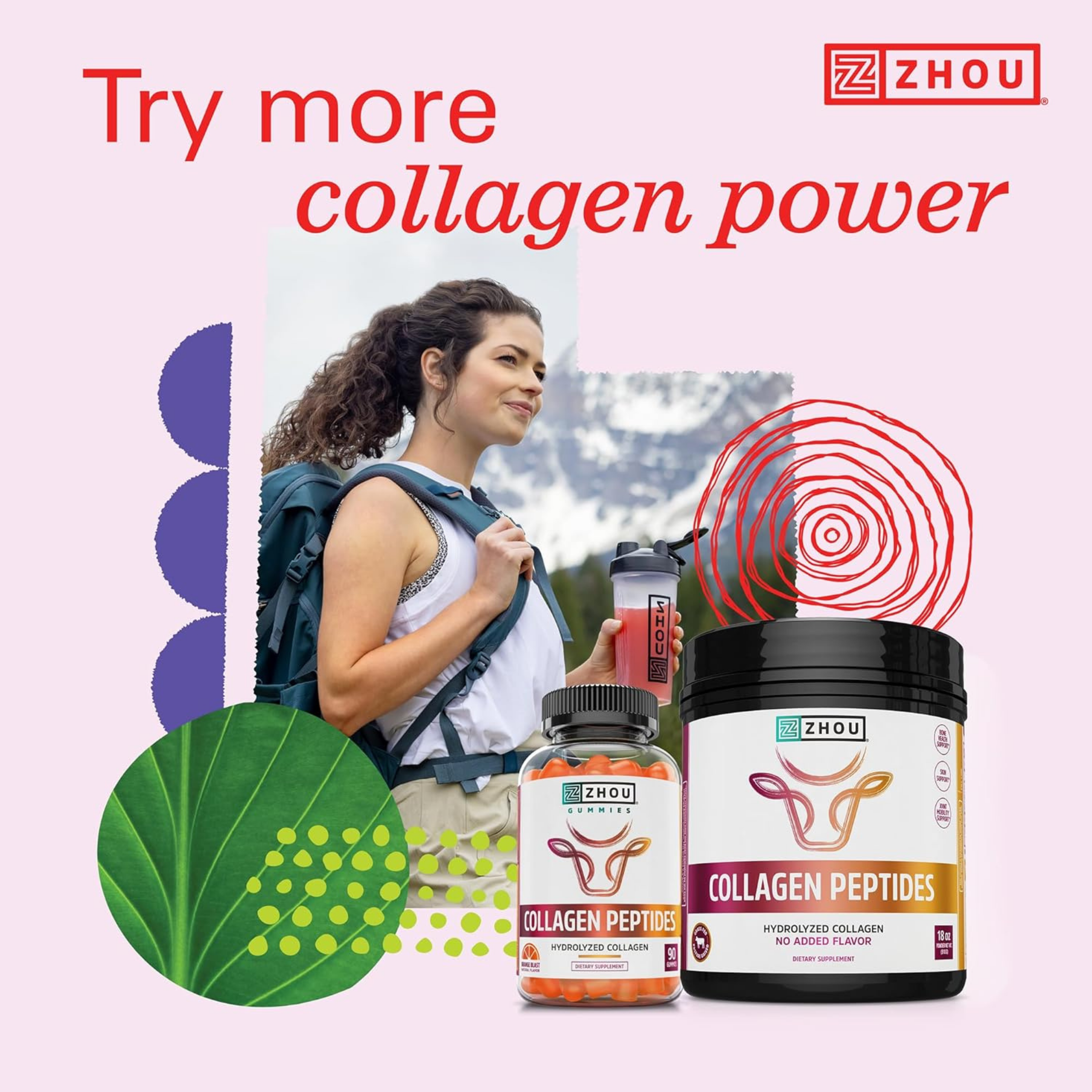 Zhou, Collagen Peptides, Pure Hydrolized Collagen Powder,  18 Oz Ounce