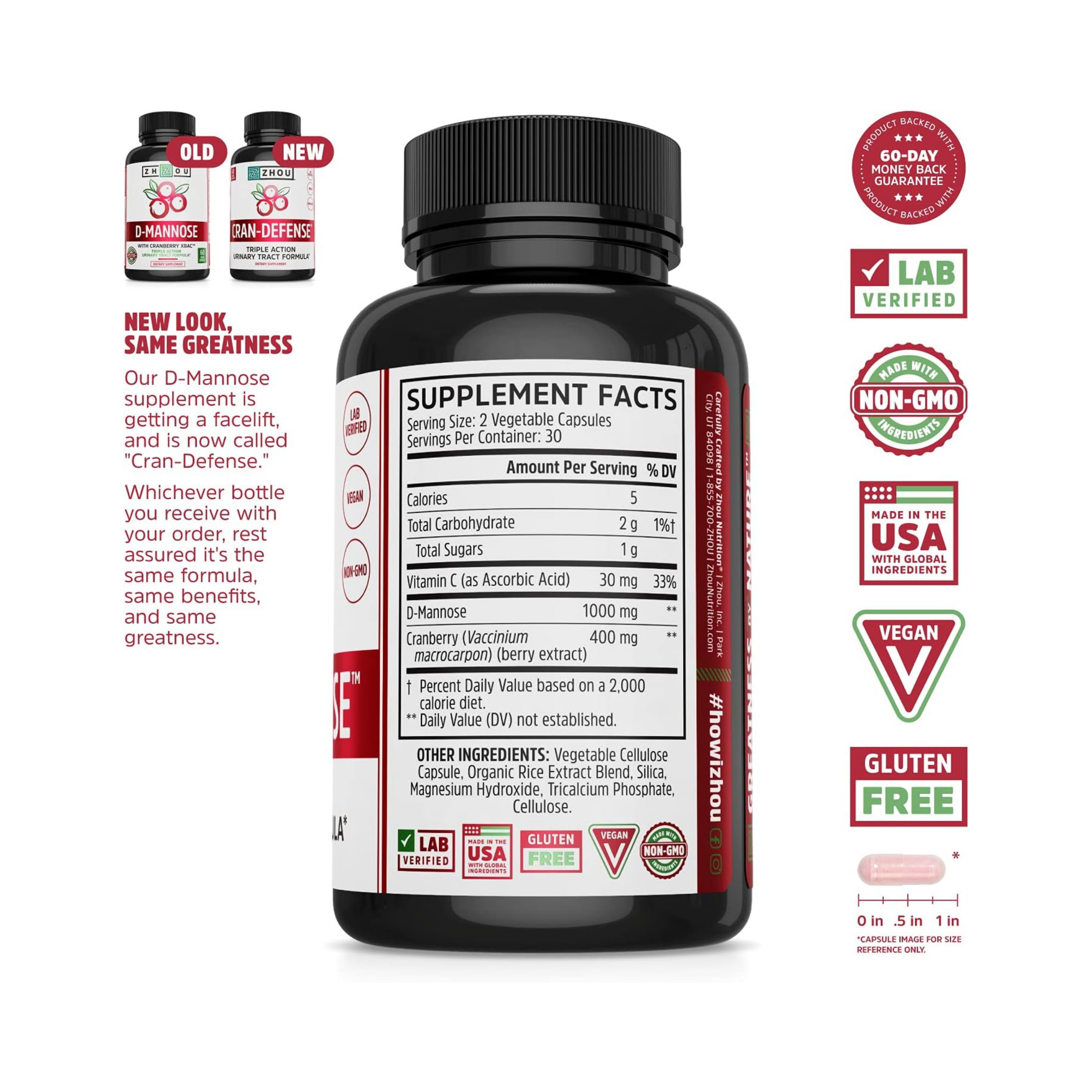Zhou, Cran-Defense, Urinary Tract Formula, Extract 1000 mg, 60 Veggie Capsules