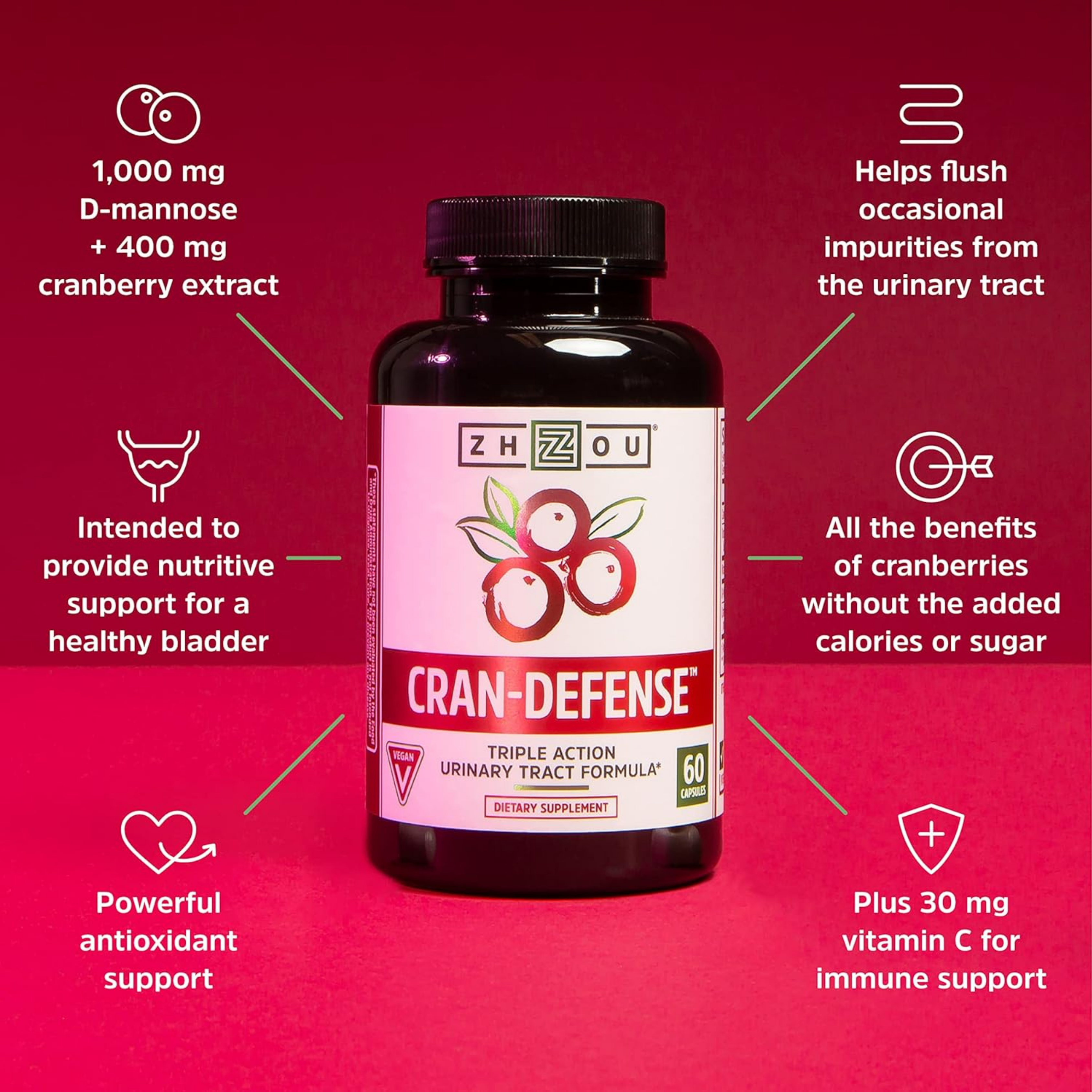 Zhou, Cran-Defense, Urinary Tract Formula, Extract 1000 mg, 60 Veggie Capsules