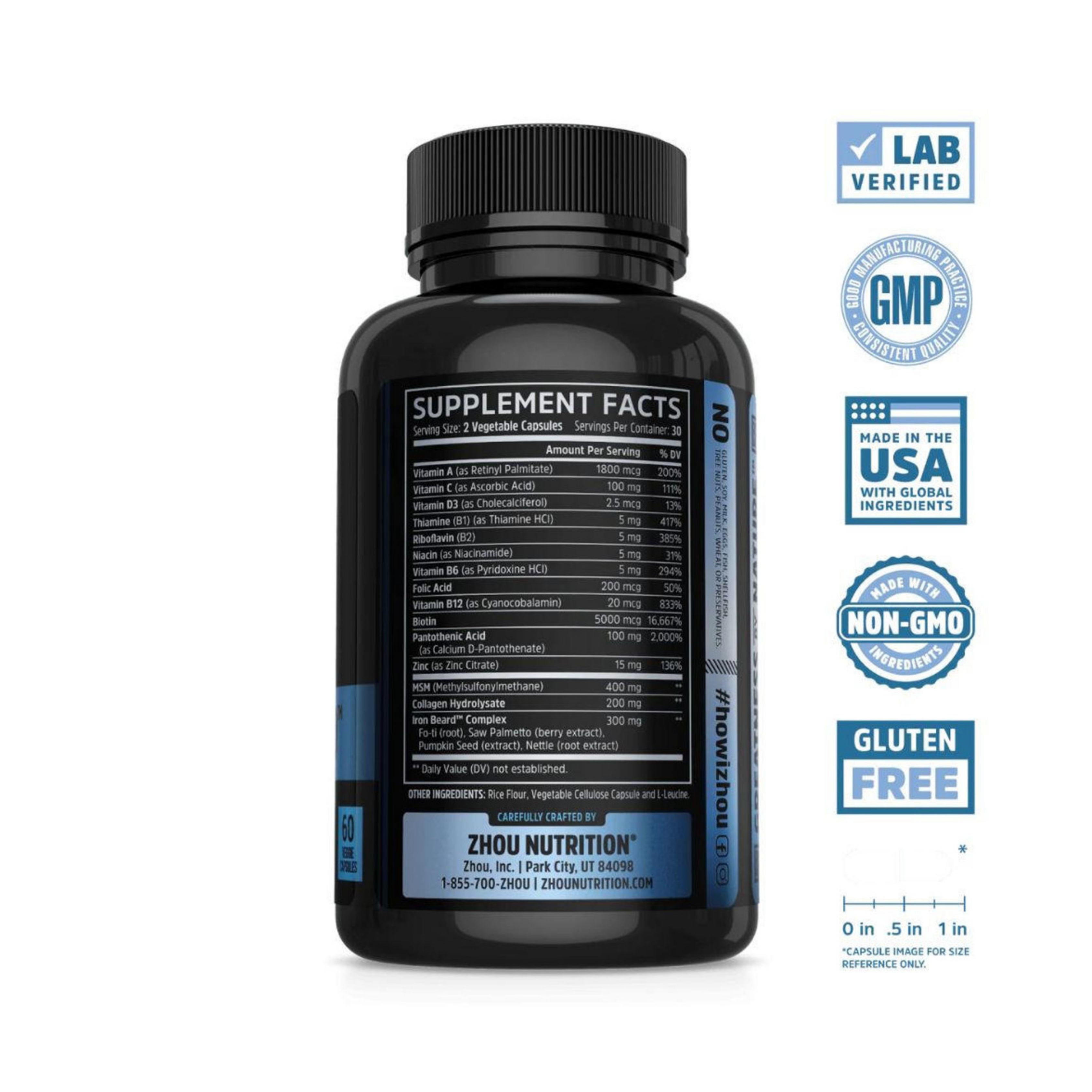 Zhou, Iron Beard, Premium Beard &  Hair Growth Formula, 60 Veggie Capsules