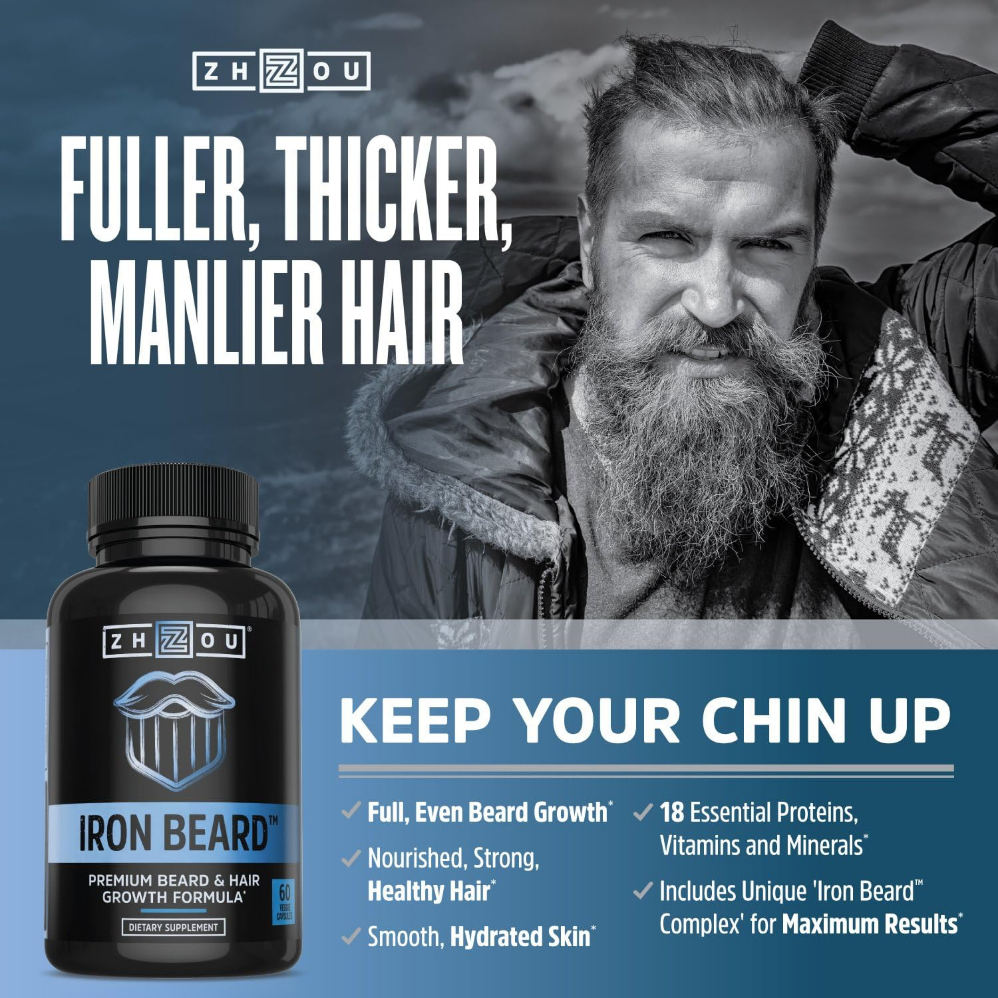 Zhou, Iron Beard, Premium Beard &  Hair Growth Formula, 60 Veggie Capsules