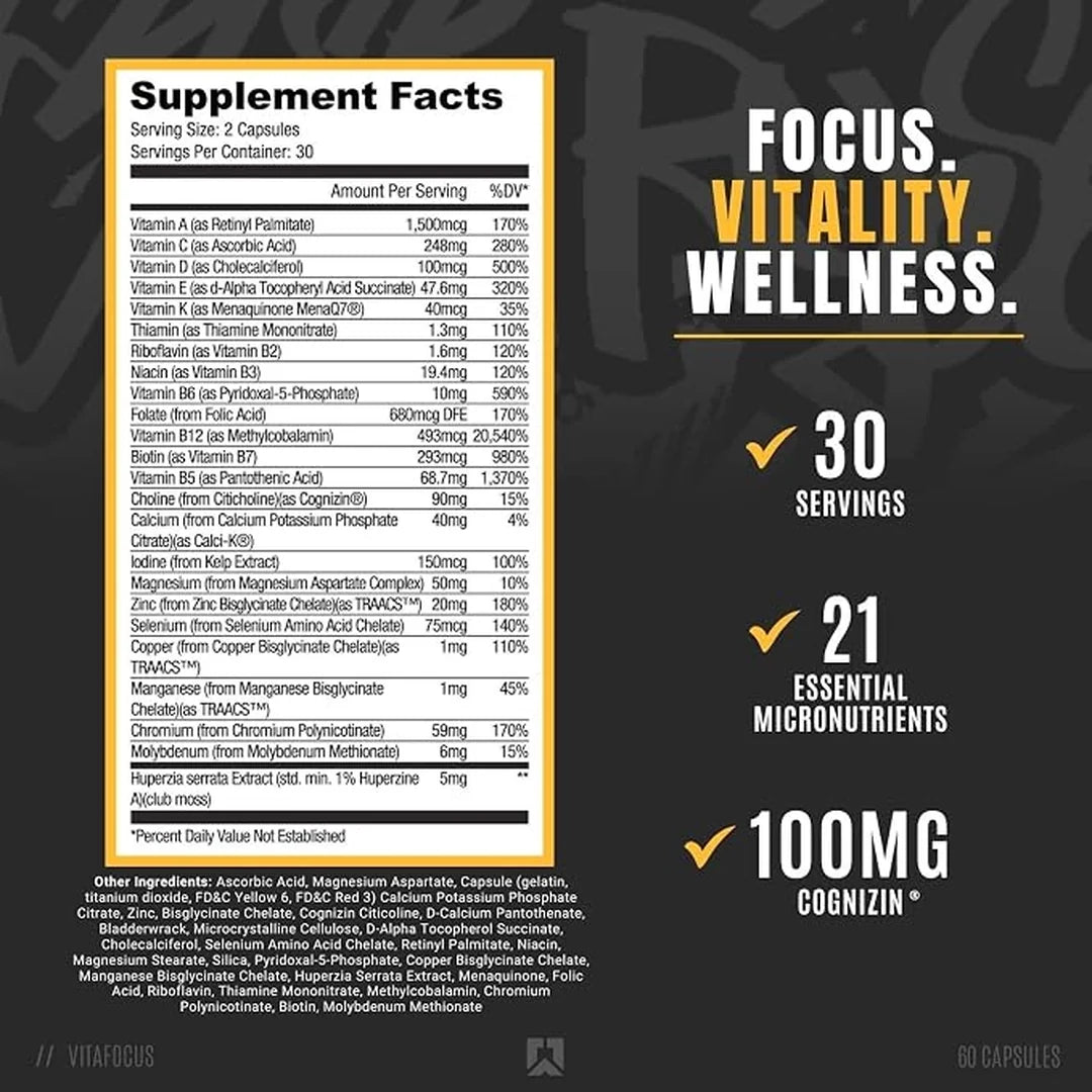 RYSE, Vitafocus, Multivitamin + Nootropic, 60 Gelatin Capsules