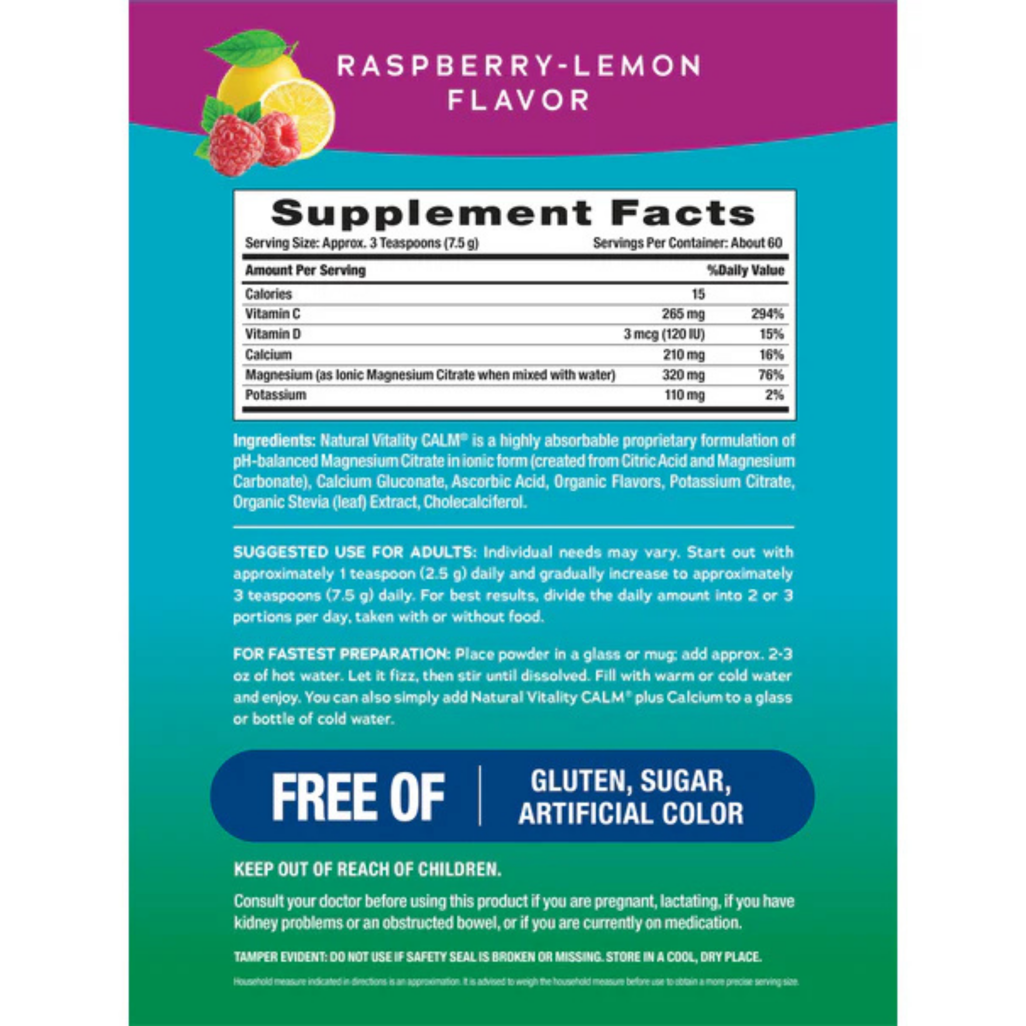 Natural Vitality, CALM, Plus Calcium, Drink Mix, Raspberry-Lemon, 16 oz , 453 g