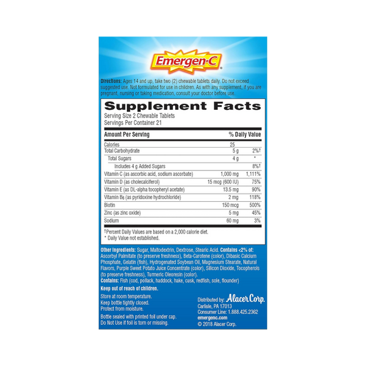 Emergen-C, Vitamin C with Vitamin D Chewable Tablets, 1000 Mg, 42 Count