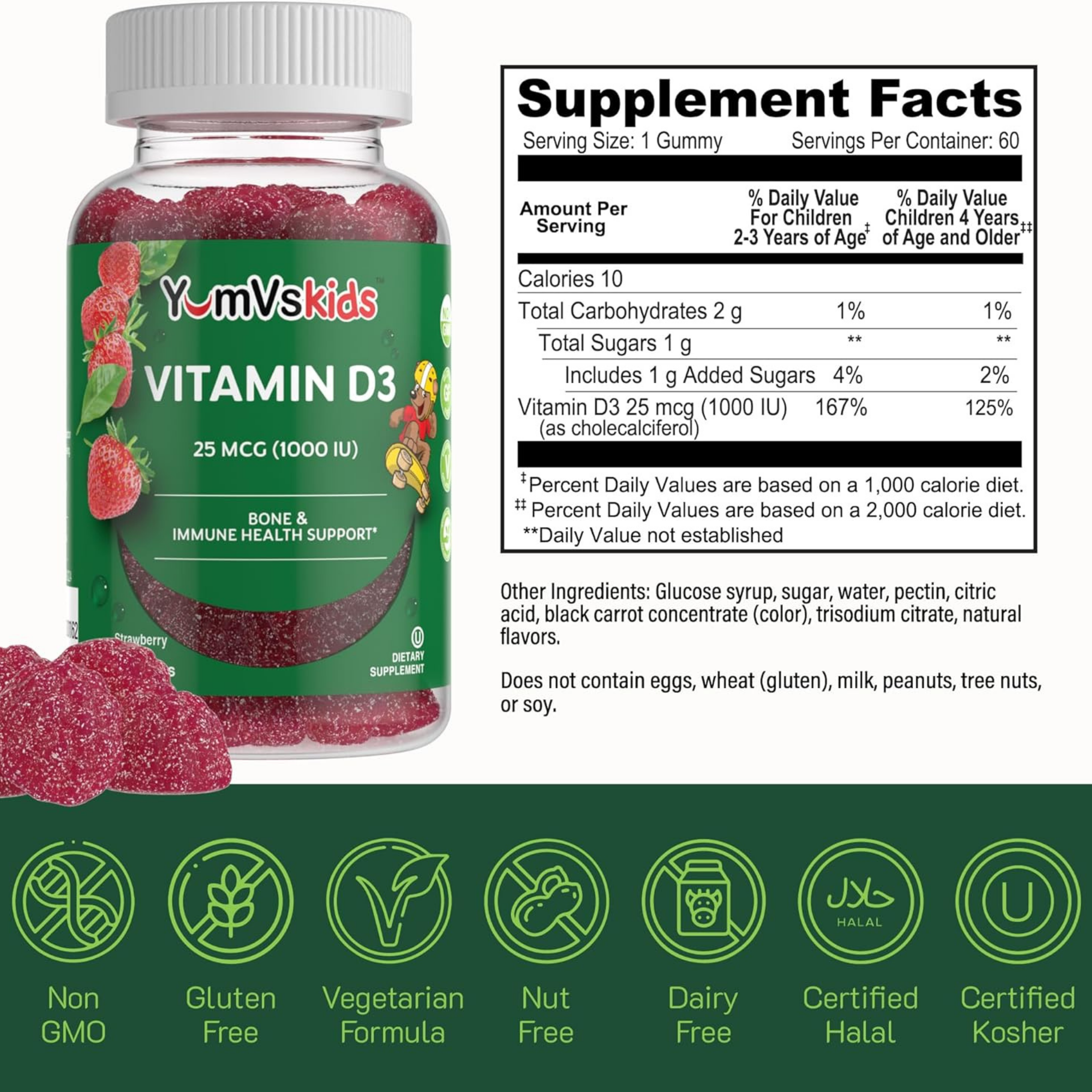 YumVs, Vitamin D3 Gummies, Strawberry, 25 mcg (1,000 IU), 60 Gummies
