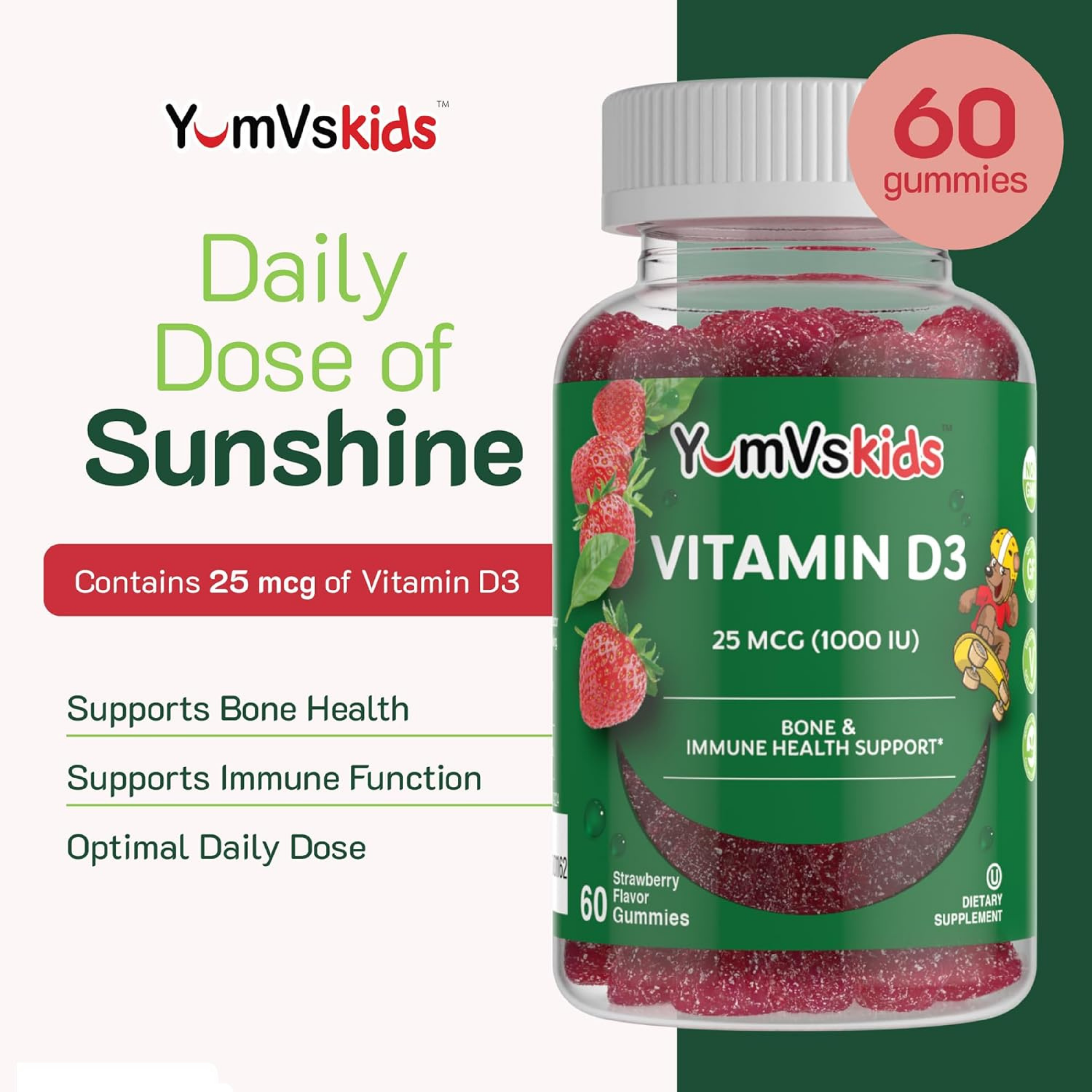 YumVs, Vitamin D3 Gummies, Strawberry, 25 mcg (1,000 IU), 60 Gummies