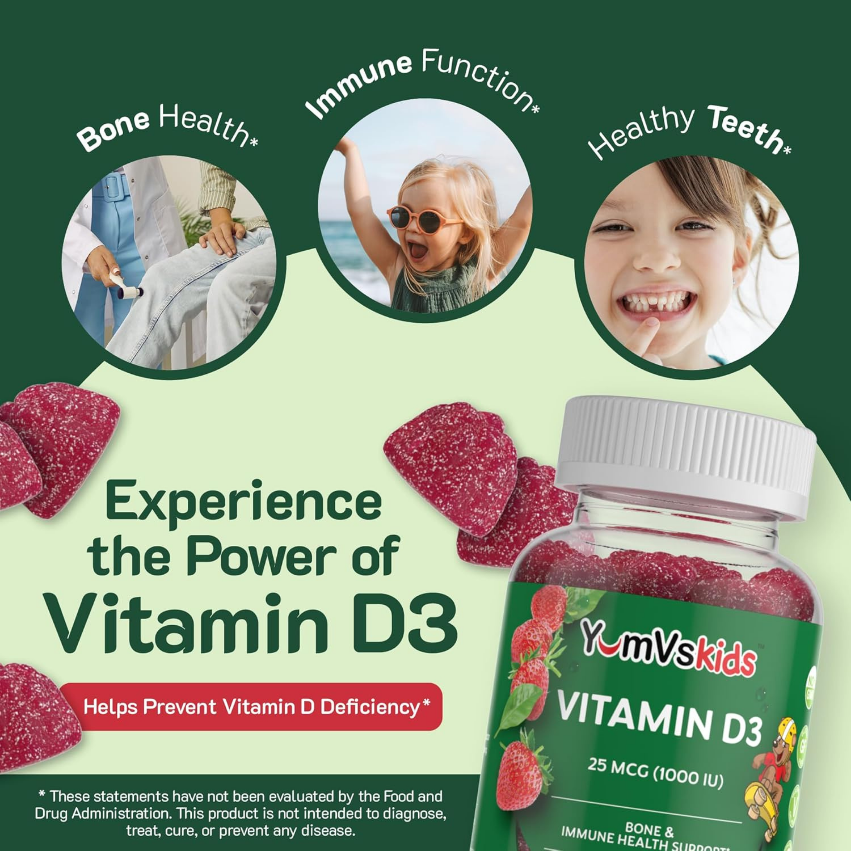 YumVs, Vitamin D3 Gummies, Strawberry, 25 mcg (1,000 IU), 60 Gummies