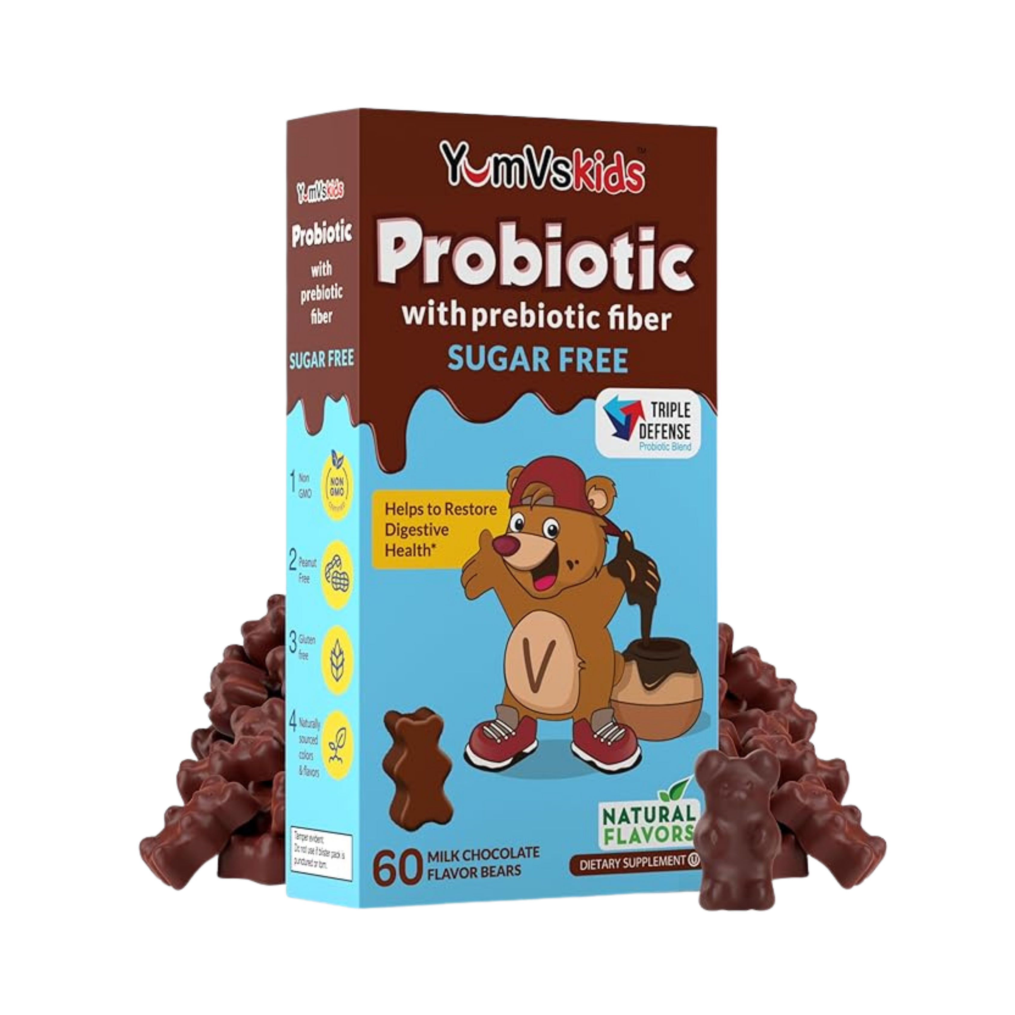 YumVs, Probiotic with Prebiotic Fiber, Milk Chocolate Flavor, Sugar Free, 60 Bears