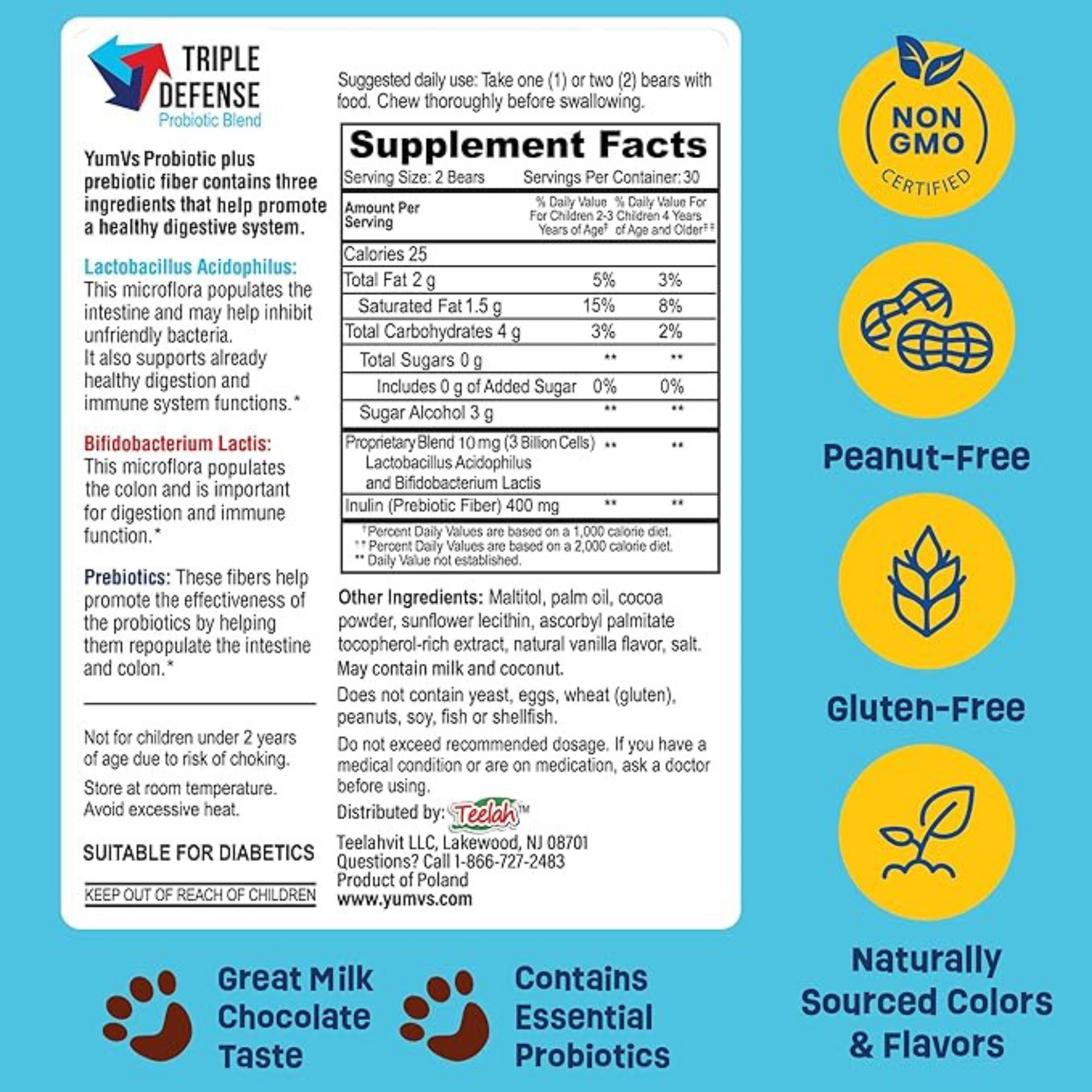 YumVs, Probiotic with Prebiotic Fiber, Milk Chocolate Flavor, Sugar Free, 60 Bears