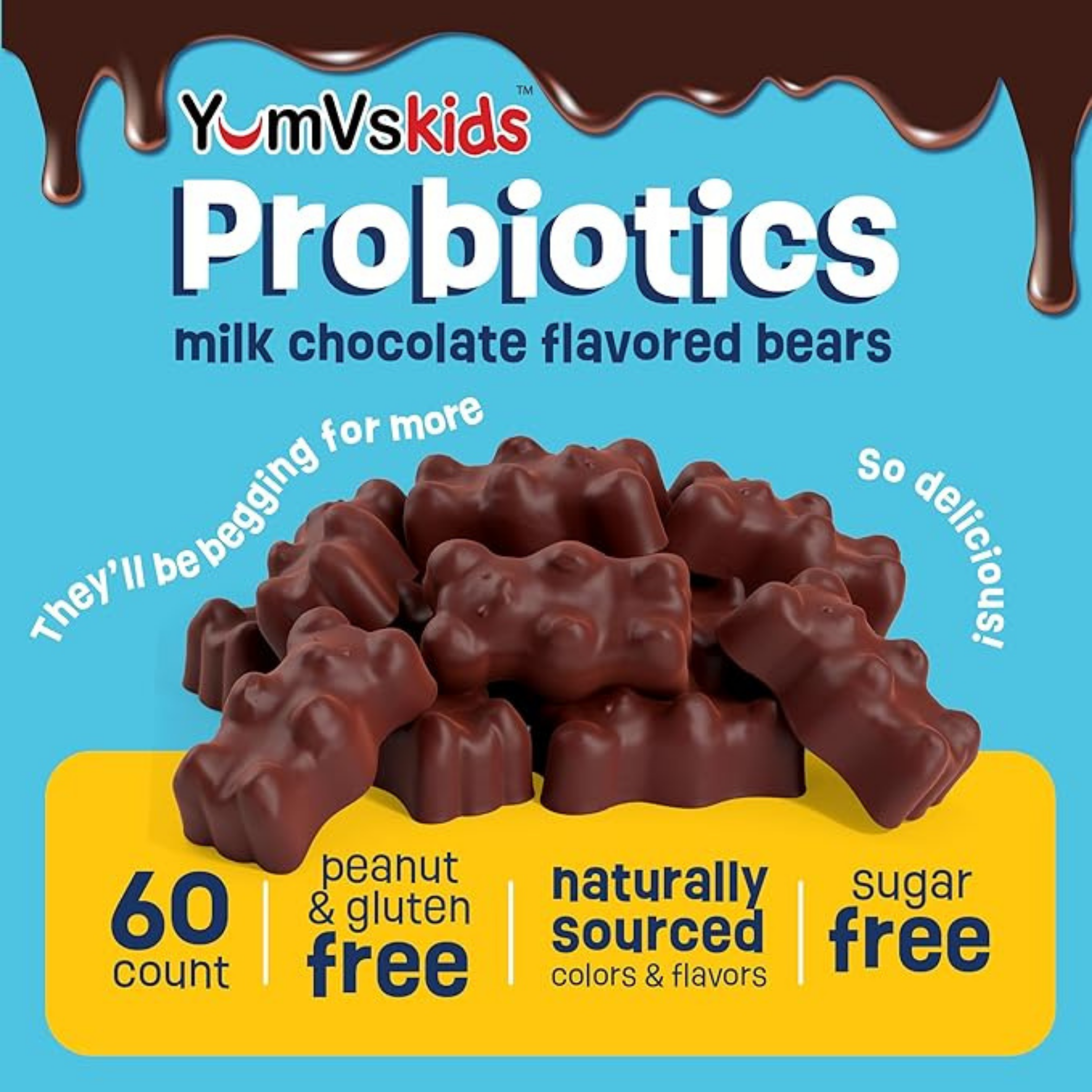 YumVs, Probiotic with Prebiotic Fiber, Milk Chocolate Flavor, Sugar Free, 60 Bears