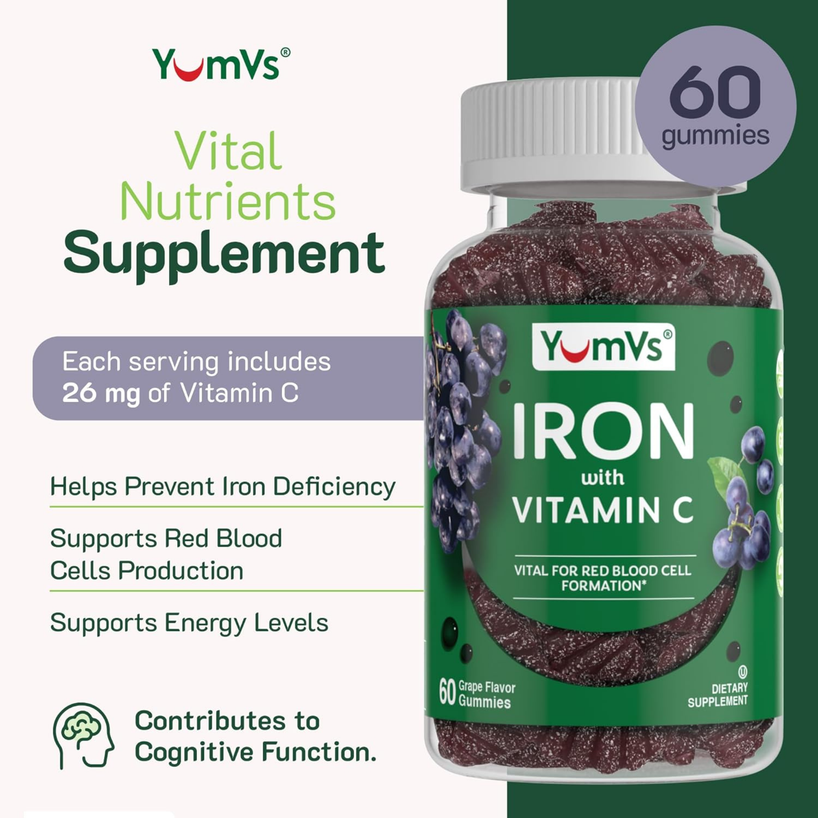 YumVs, Iron with Vitamin C, Grape Flavor, 60 Gummies
