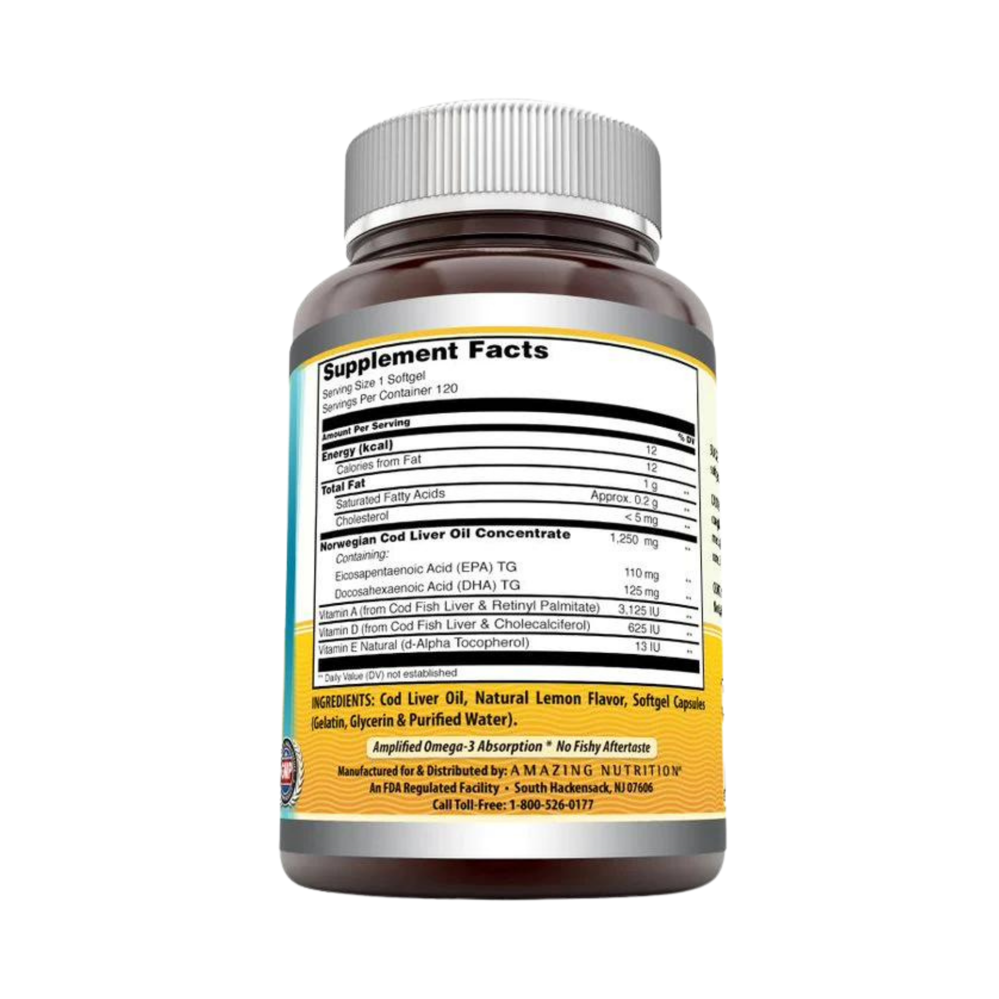 Amazing Omega, Norwegian Cod Liver Oil, Fresh lemon, 1250 Mg, 120 Softgels
