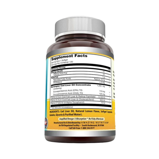 Amazing Omega, Norwegian Cod Liver Oil, Fresh lemon, 1250 Mg, 120 Softgels