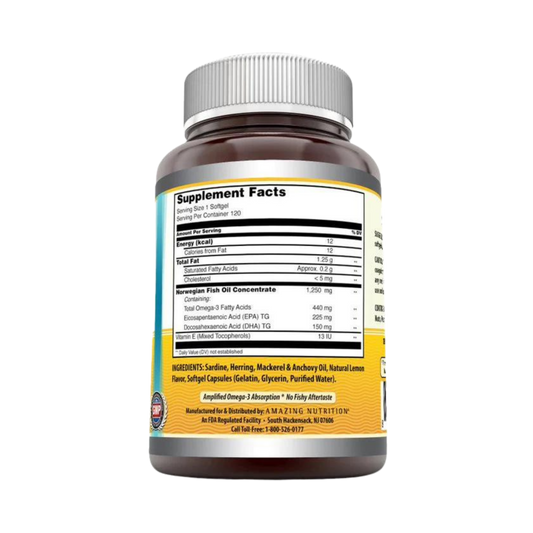 Amazing Omega, Norwegian Fish Oil, Lemon Flavor, 1250 Mg, 120 Softgels
