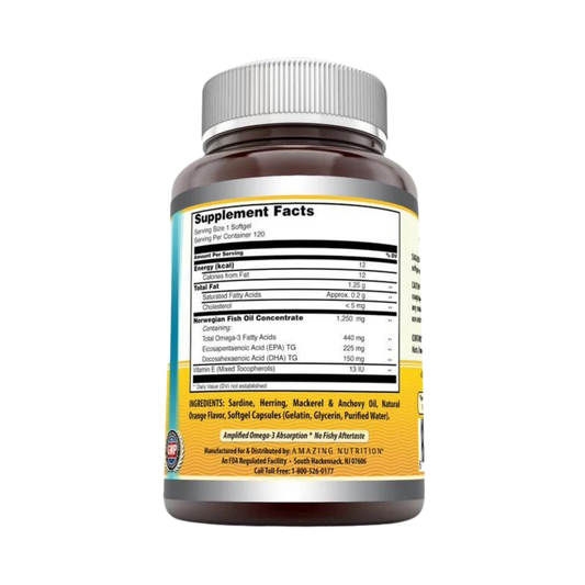 Amazing Omega Norwegian Fish Oil, Orange, 1250 Mg, 120 Softgels